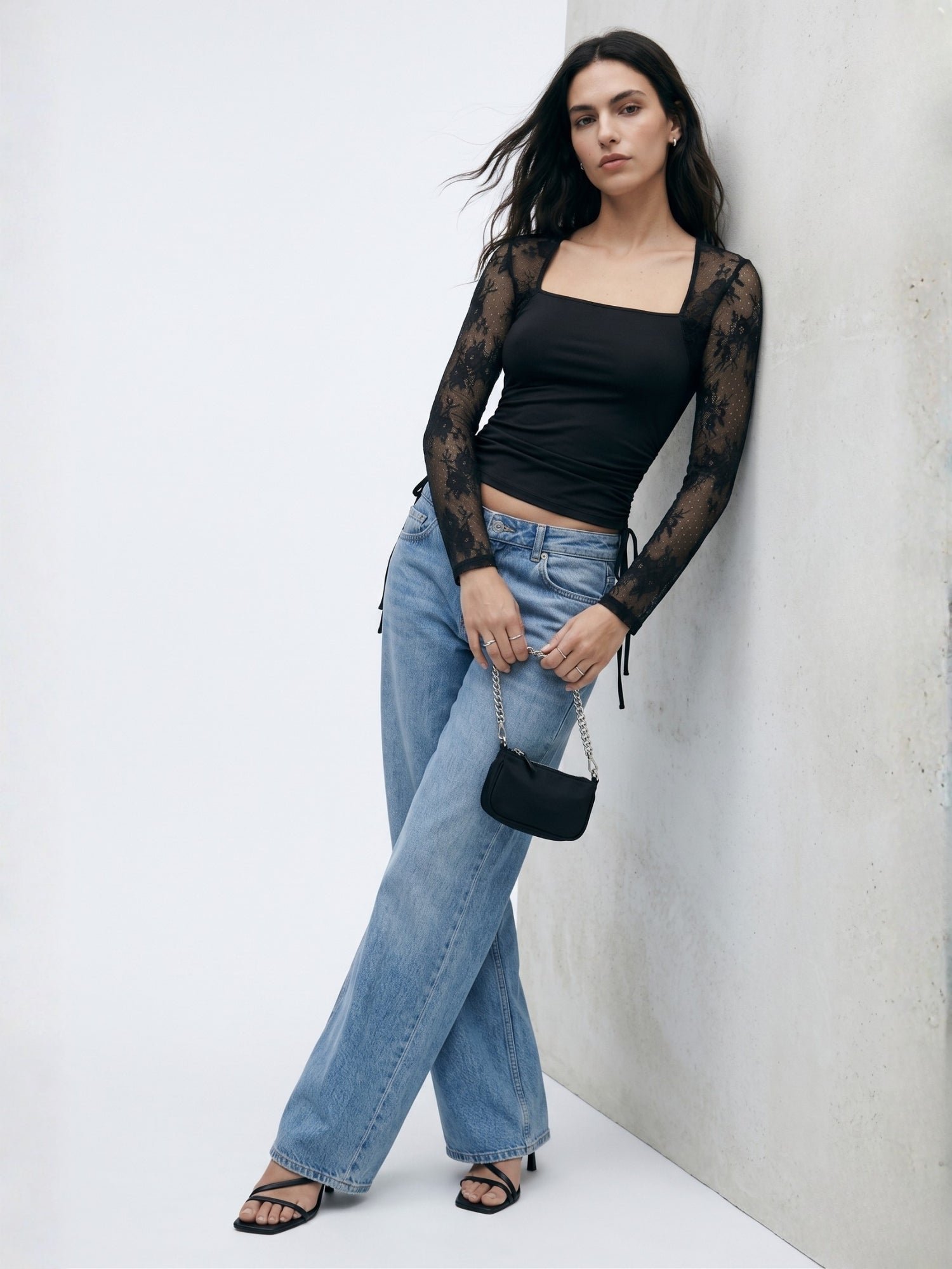 Black Long Sleeve Square Neck Knit Top with Lace Detail