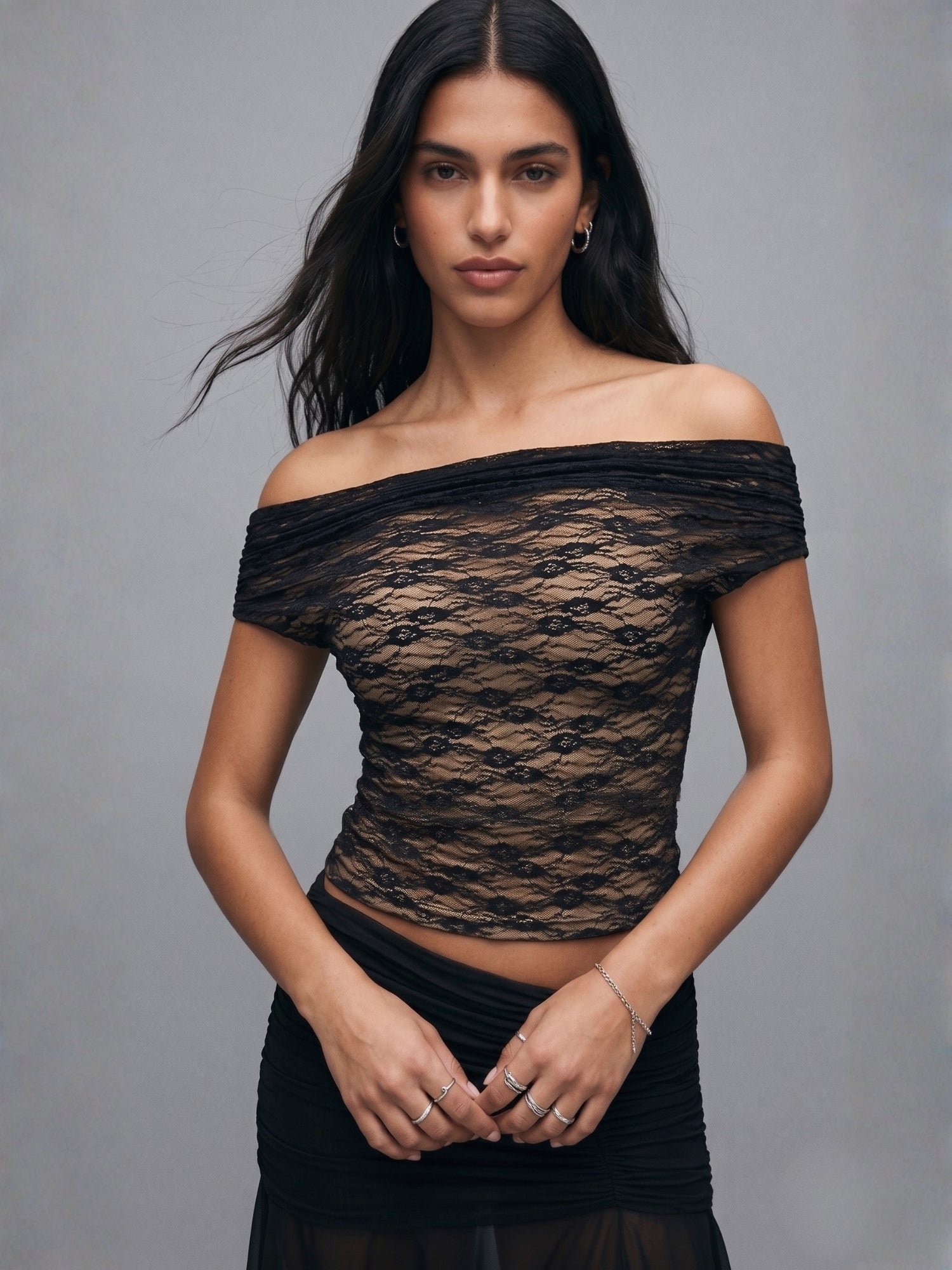 Black Knit Off-Shoulder Lace Top