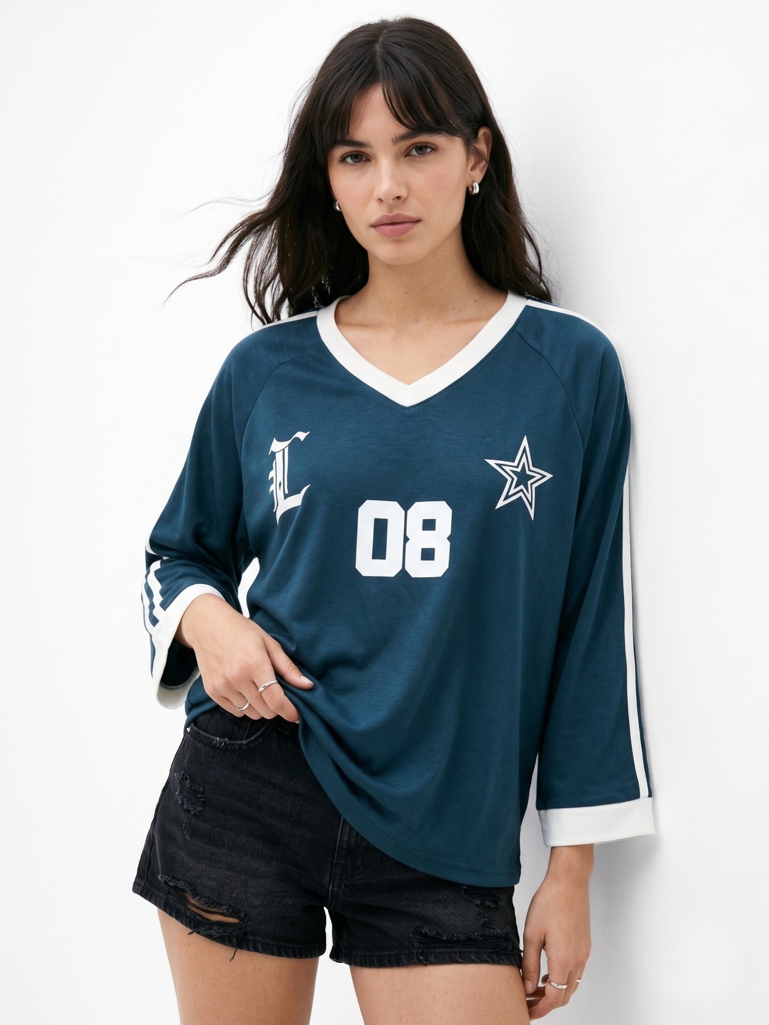 Teal Varsity 3/4 Sleeve Graphic T-Shirt