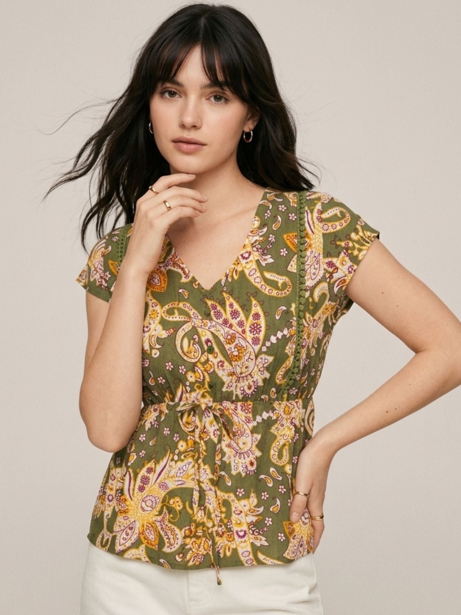 Green Paisley Print Short Sleeve Blouse