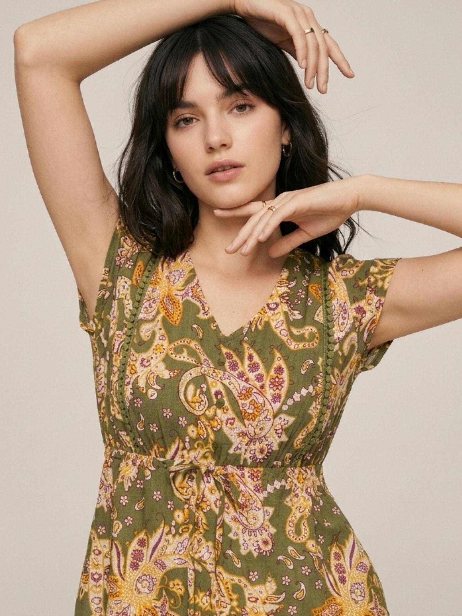 Green Paisley Print Short Sleeve Blouse