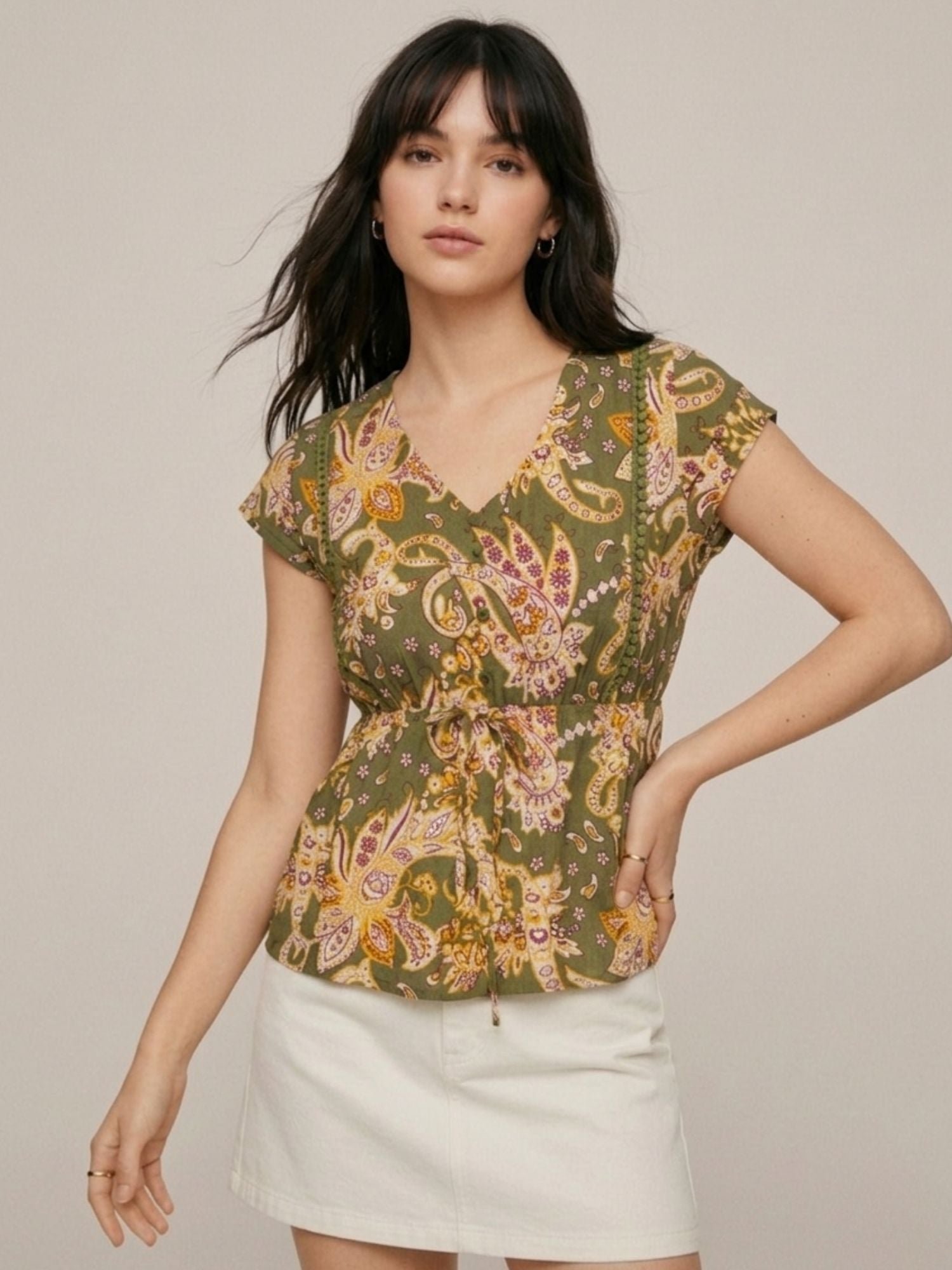 Green Paisley Print Short Sleeve Blouse