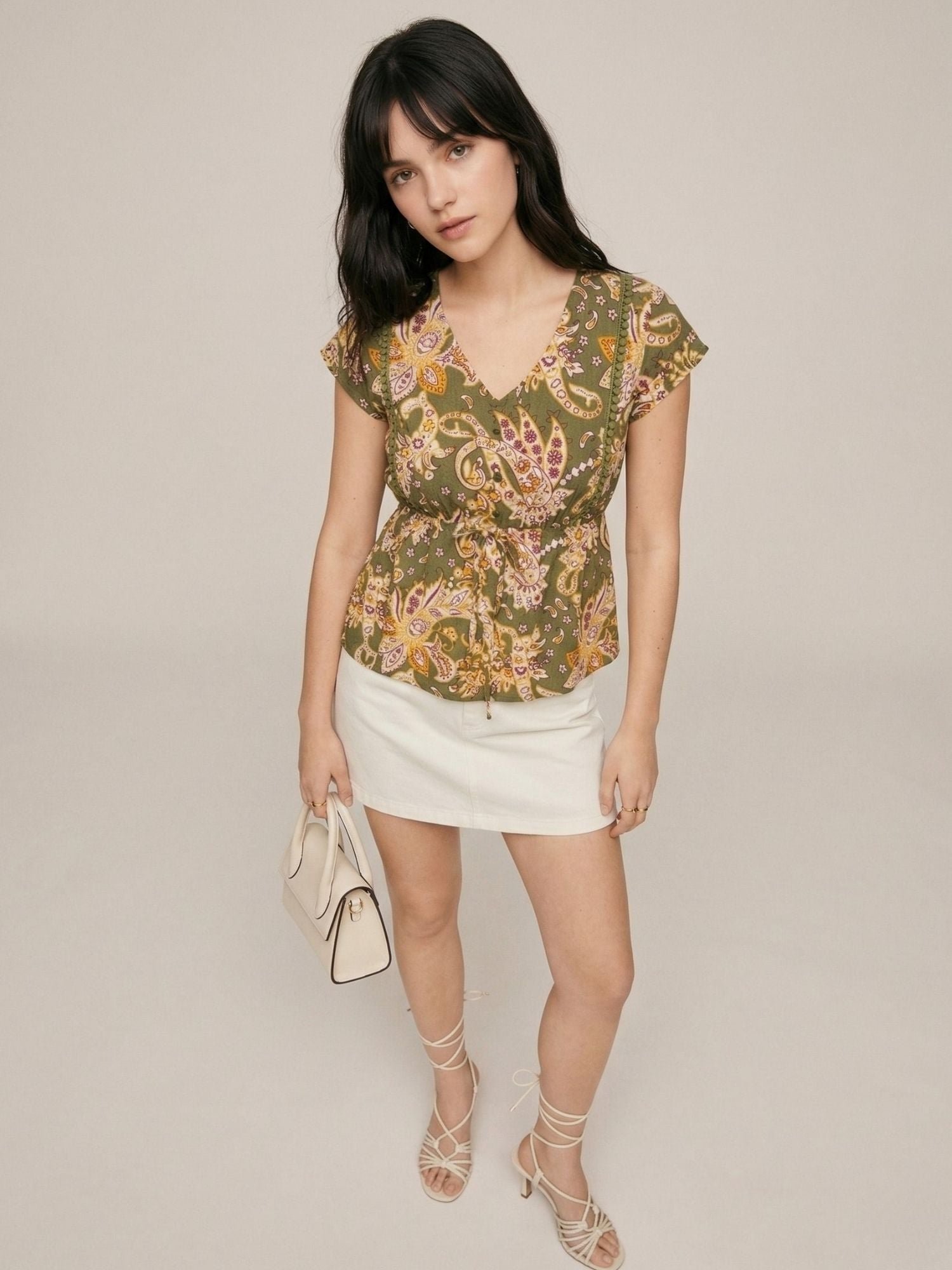 Green Paisley Print Short Sleeve Blouse