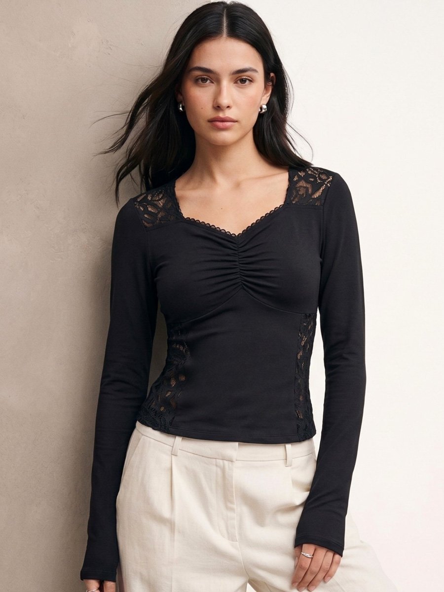 Black Sweetheart Neckline Lace Insert Top