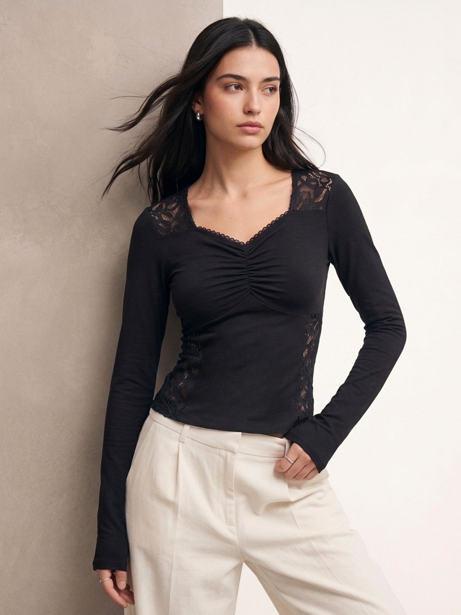 Black Sweetheart Neckline Lace Insert Top