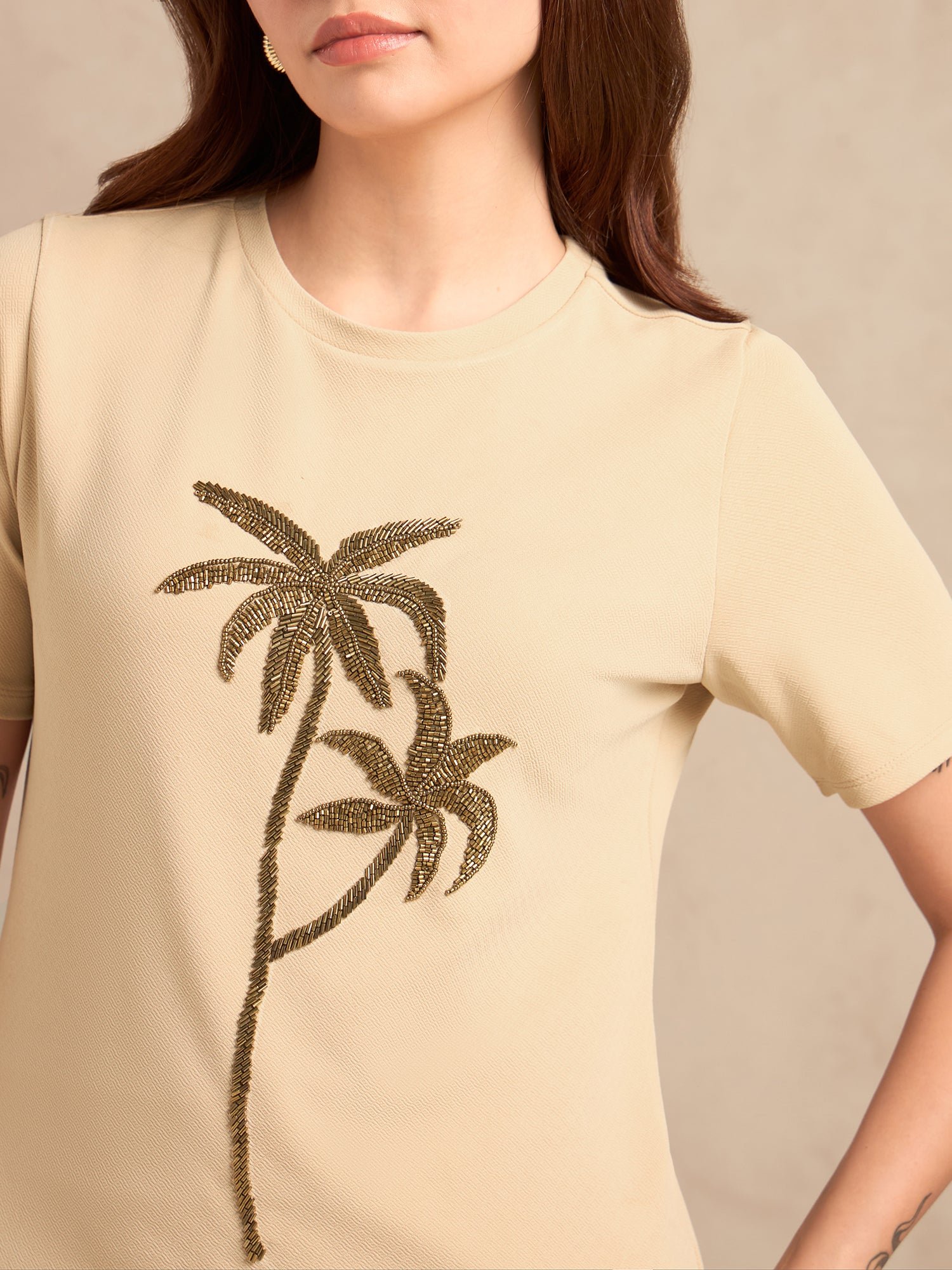 Beige Short Sleeve Top with Palm Tree Embellishment