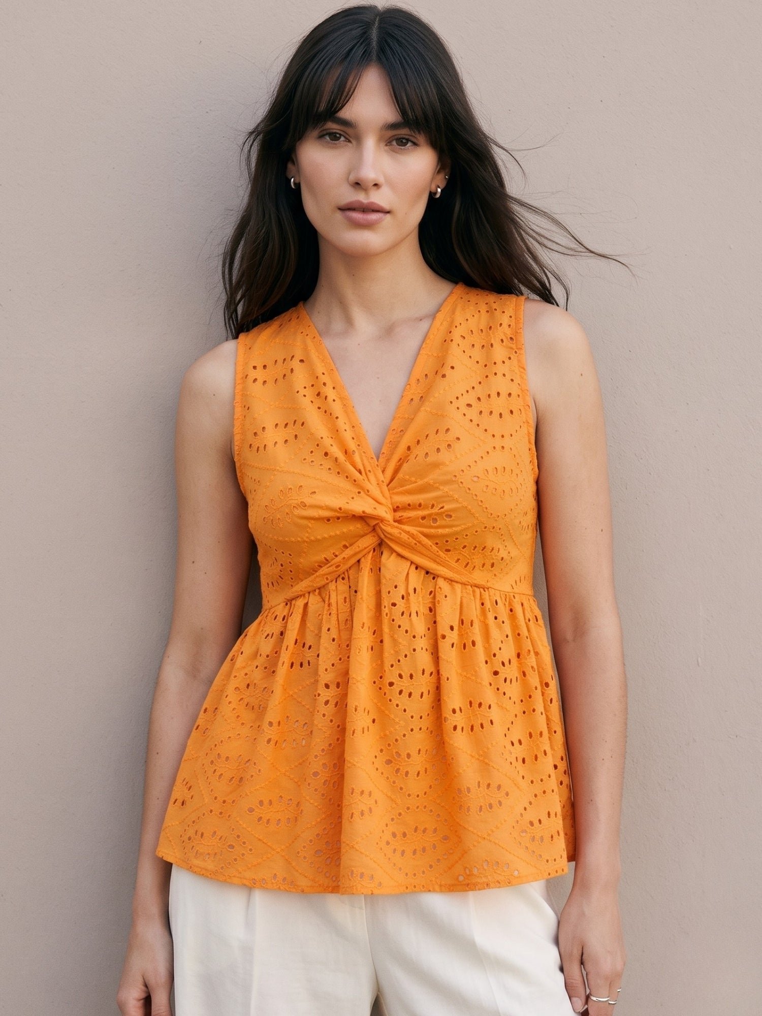 Orange Eyelet Knot-Front Sleeveless Blouse
