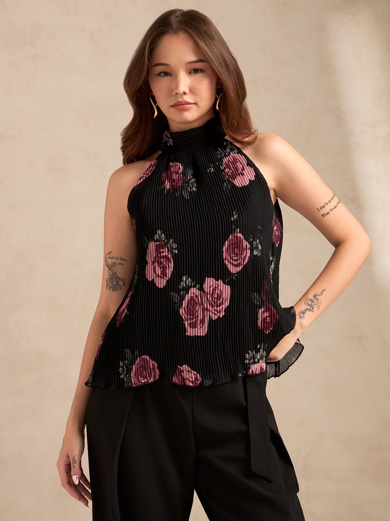Black Sleeveless Floral Plisse Halter Top