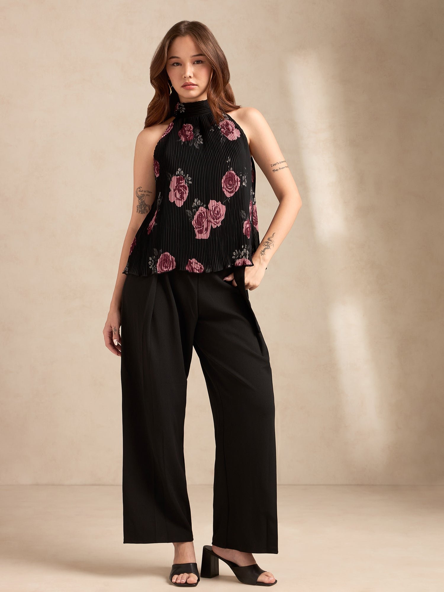 Black Sleeveless Floral Plisse Halter Top