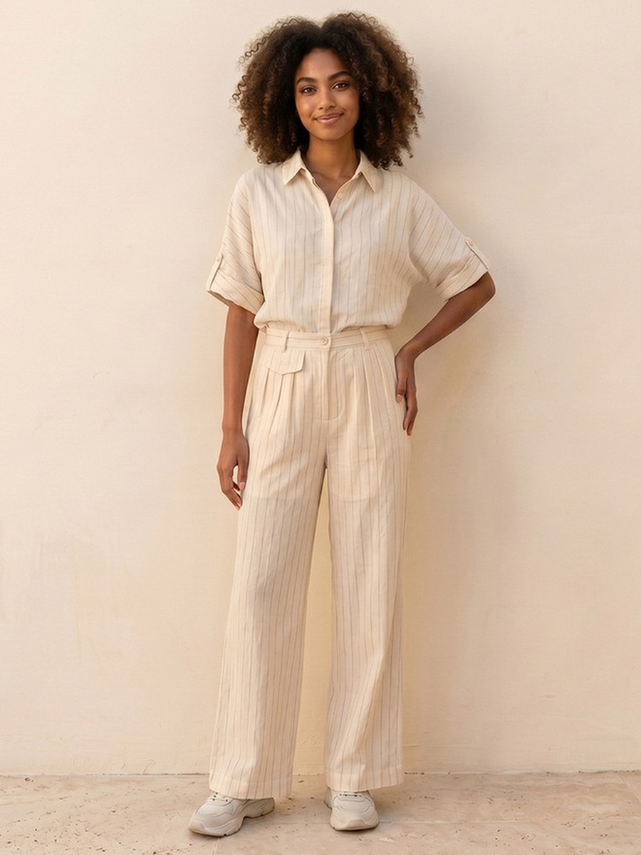 Relaxed Fit Button Closure Striped Trousers