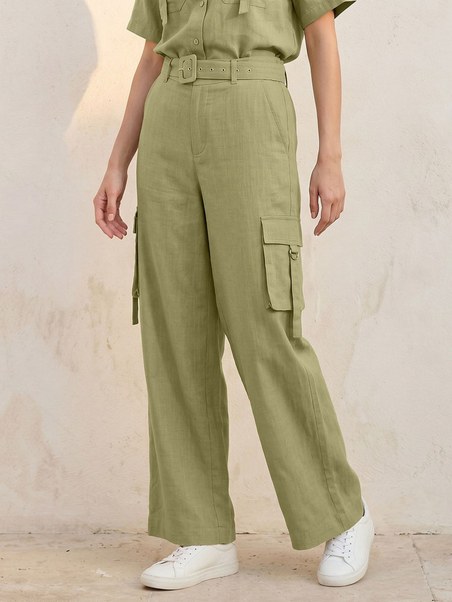 Wide Leg Linen Blend Cargo Pocket Detail Trousers