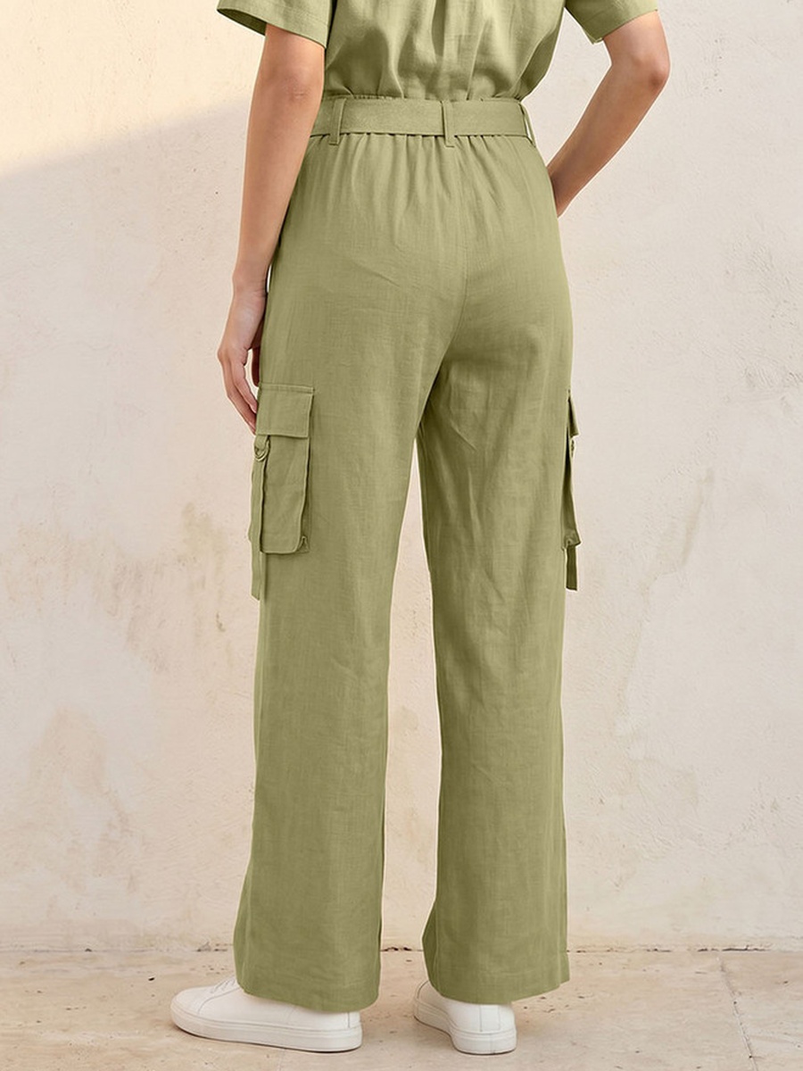 Wide Leg Linen Blend Cargo Pocket Detail Trousers
