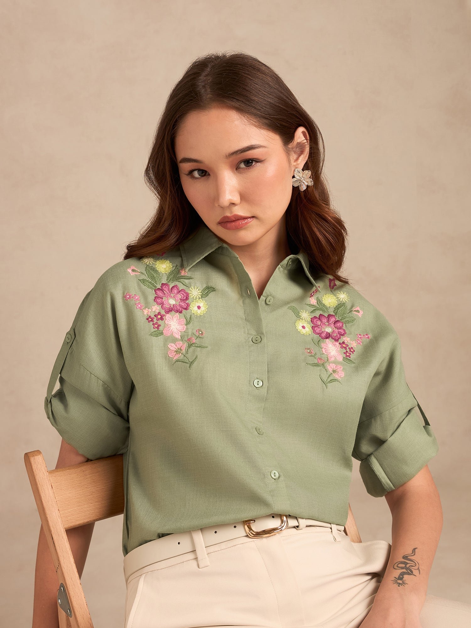 Embroidered Sage Green Long Sleeve Shirt