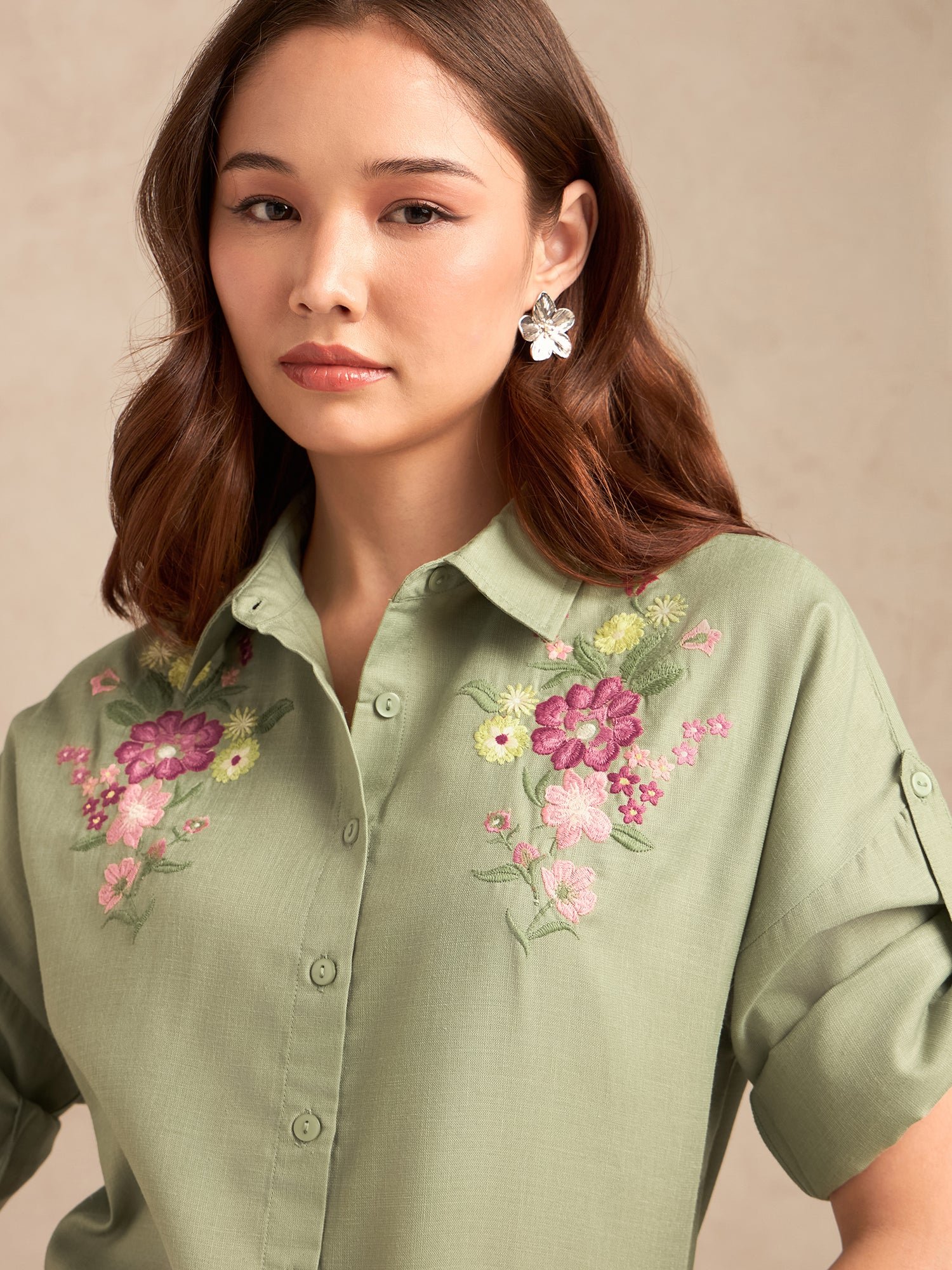 Embroidered Sage Green Long Sleeve Shirt