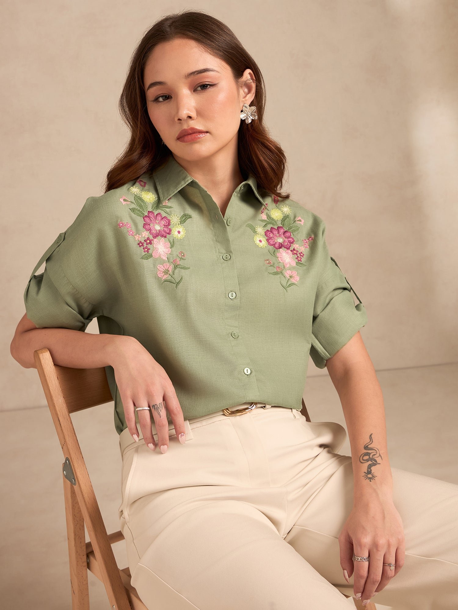Embroidered Sage Green Long Sleeve Shirt