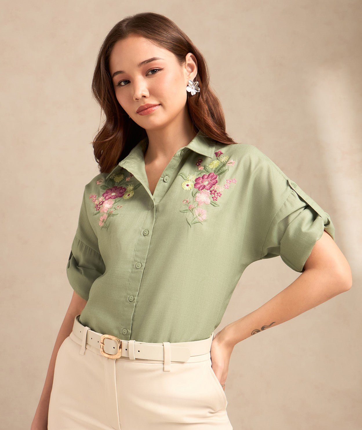 Embroidered Sage Green Long Sleeve Shirt