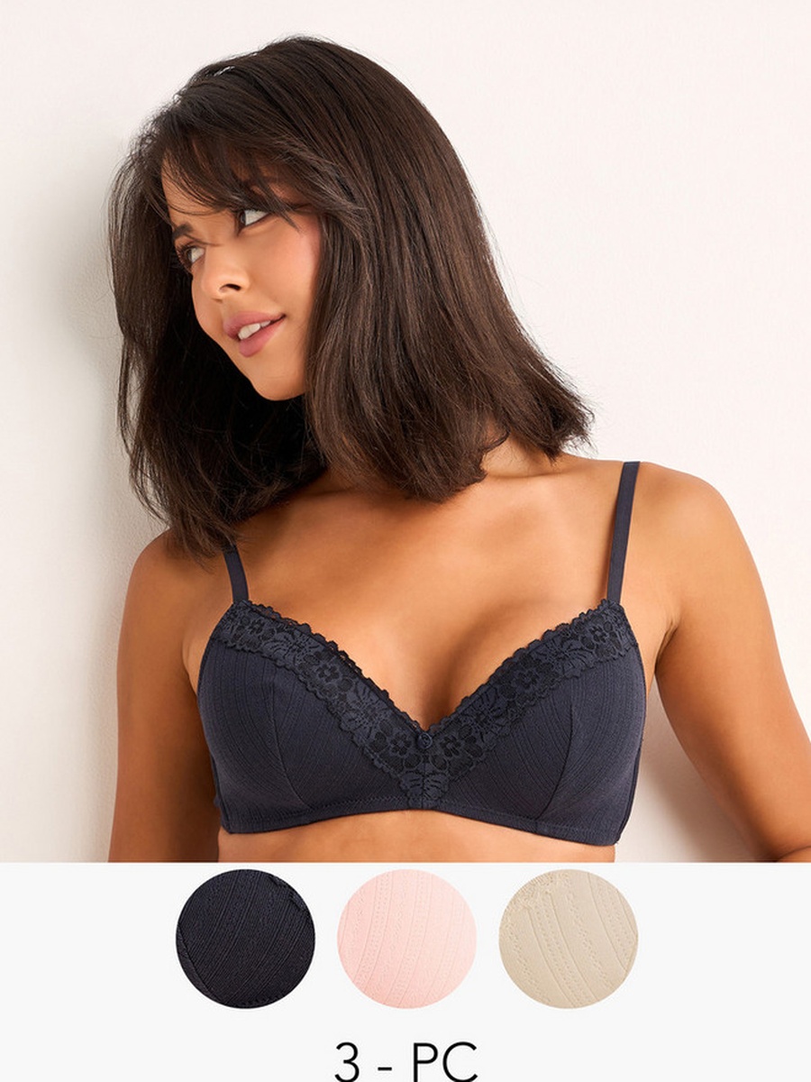 Set of 3 - Medium Coverage Seamless Bra with Lace Trim
