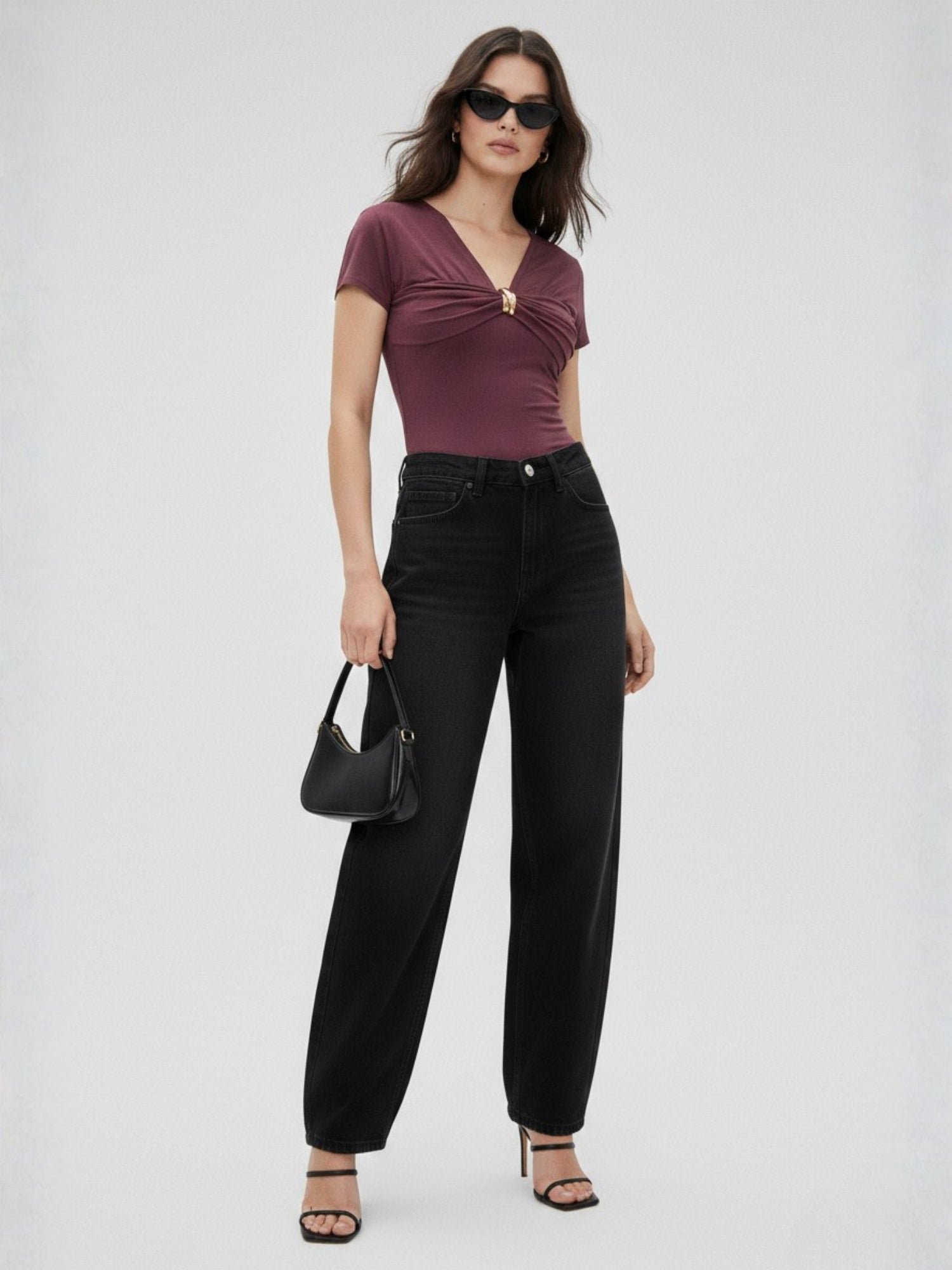 Burgundy Knit Top with Gold Buckle Detail