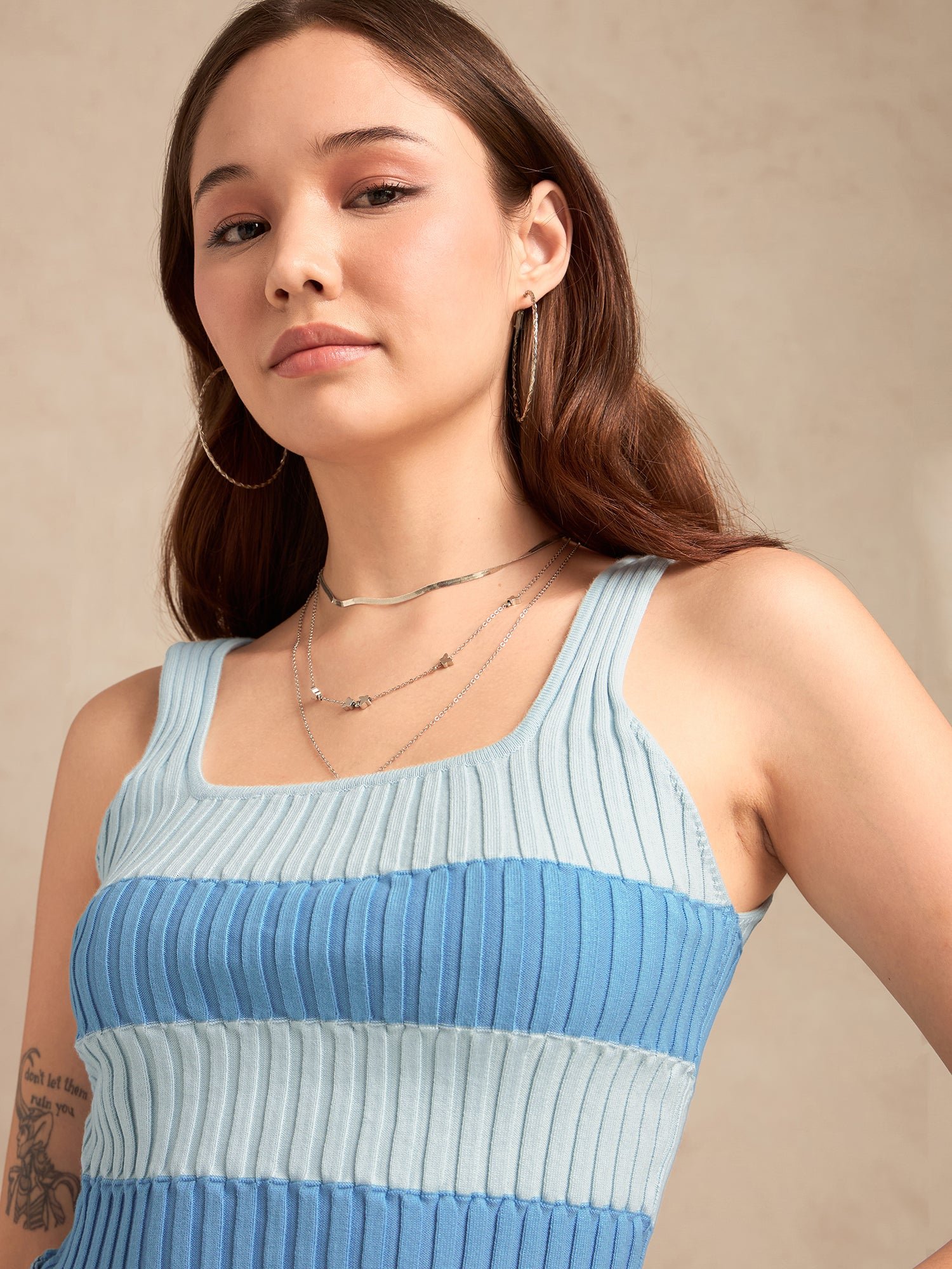Striped Blue Knit Sleeveless Tank Top