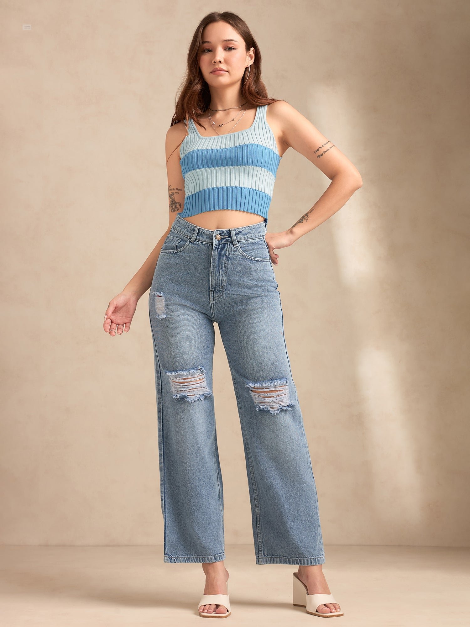 Striped Blue Knit Sleeveless Tank Top