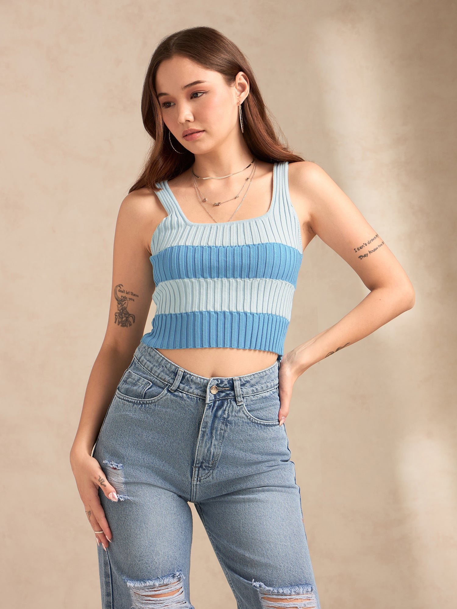 Striped Blue Knit Sleeveless Tank Top