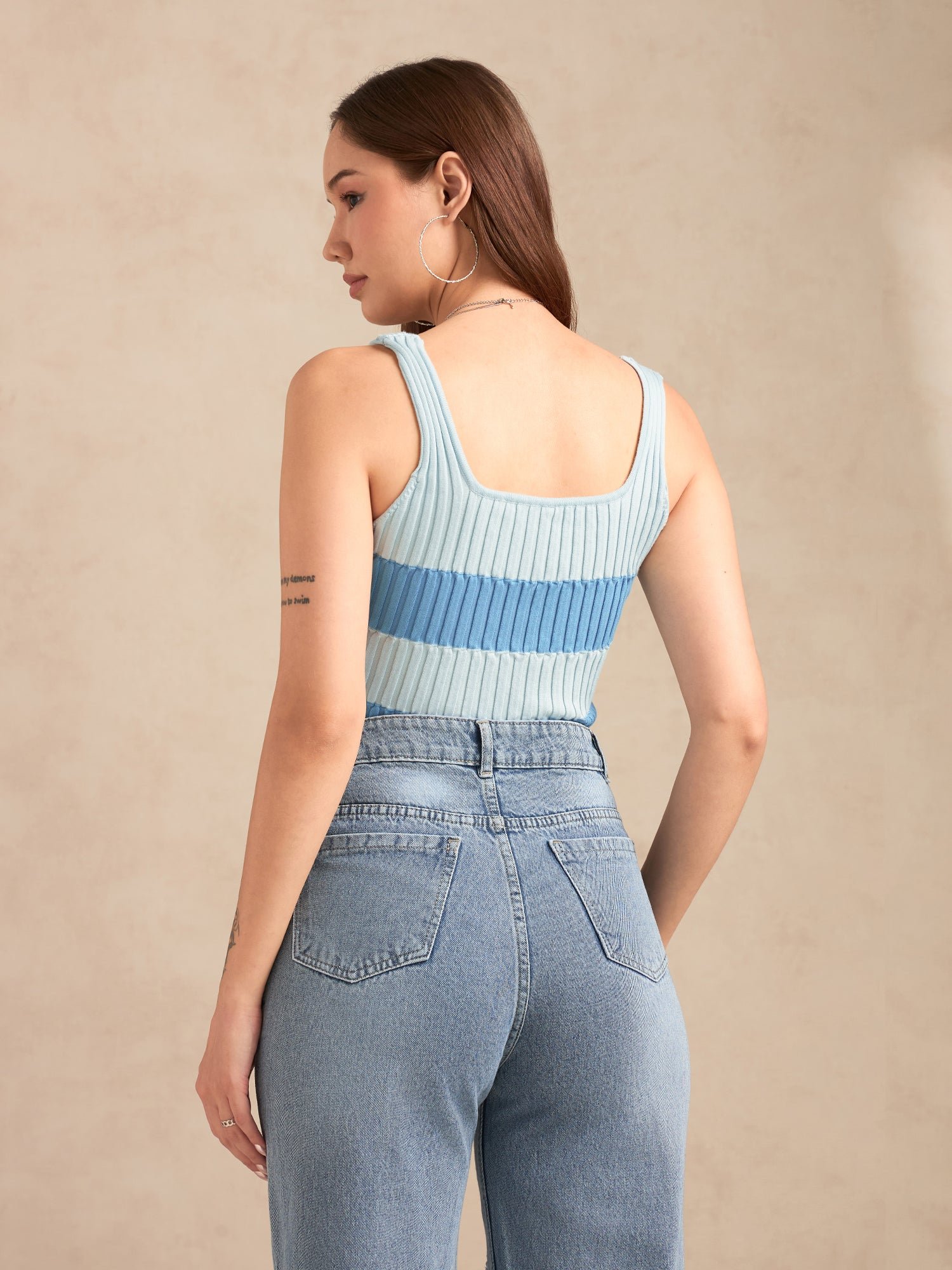 Striped Blue Knit Sleeveless Tank Top