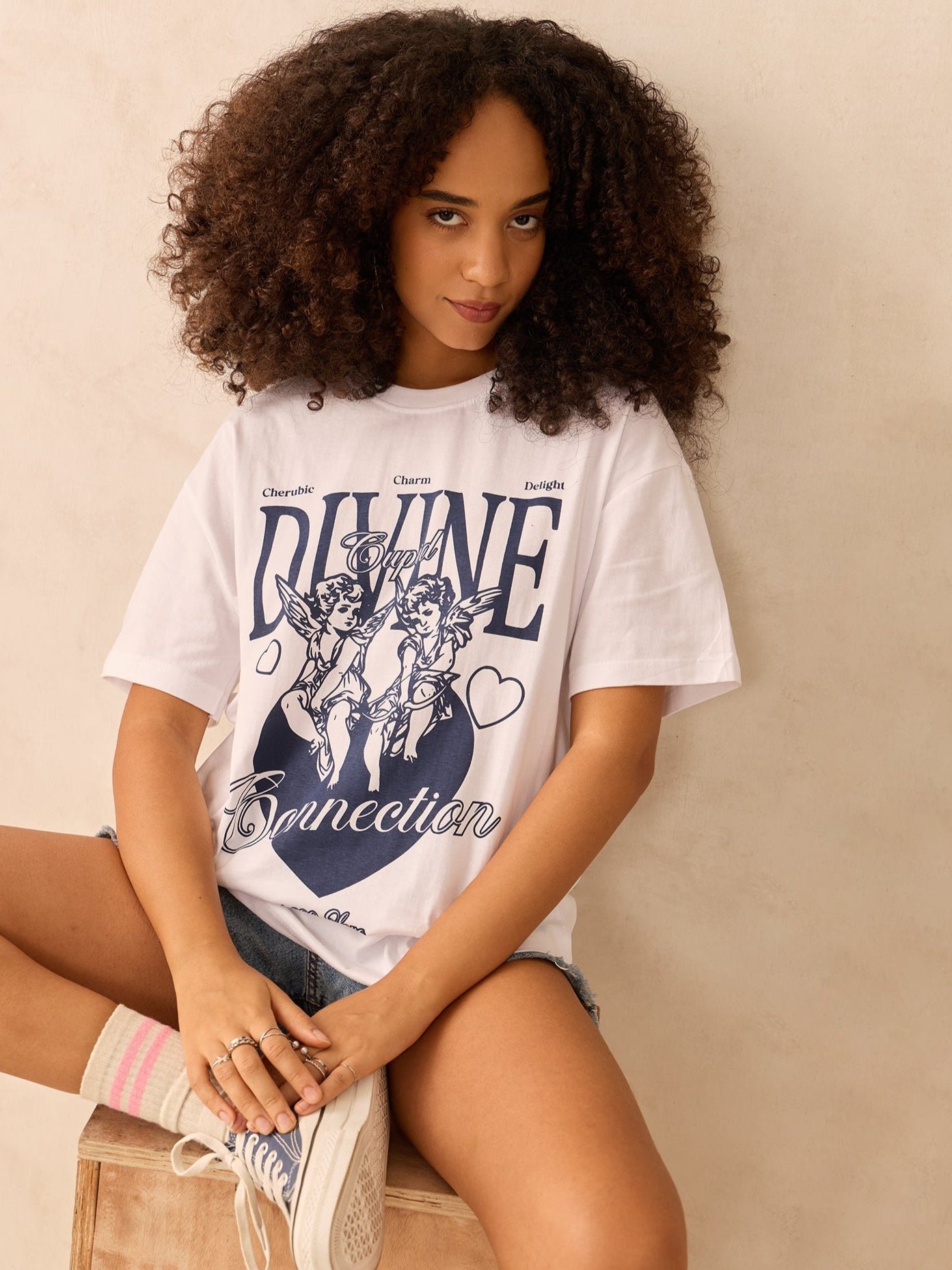 White Short Sleeve Graphic T-Shirt with Cherub Print