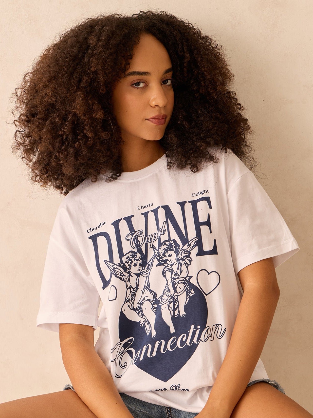 White Short Sleeve Graphic T-Shirt with Cherub Print