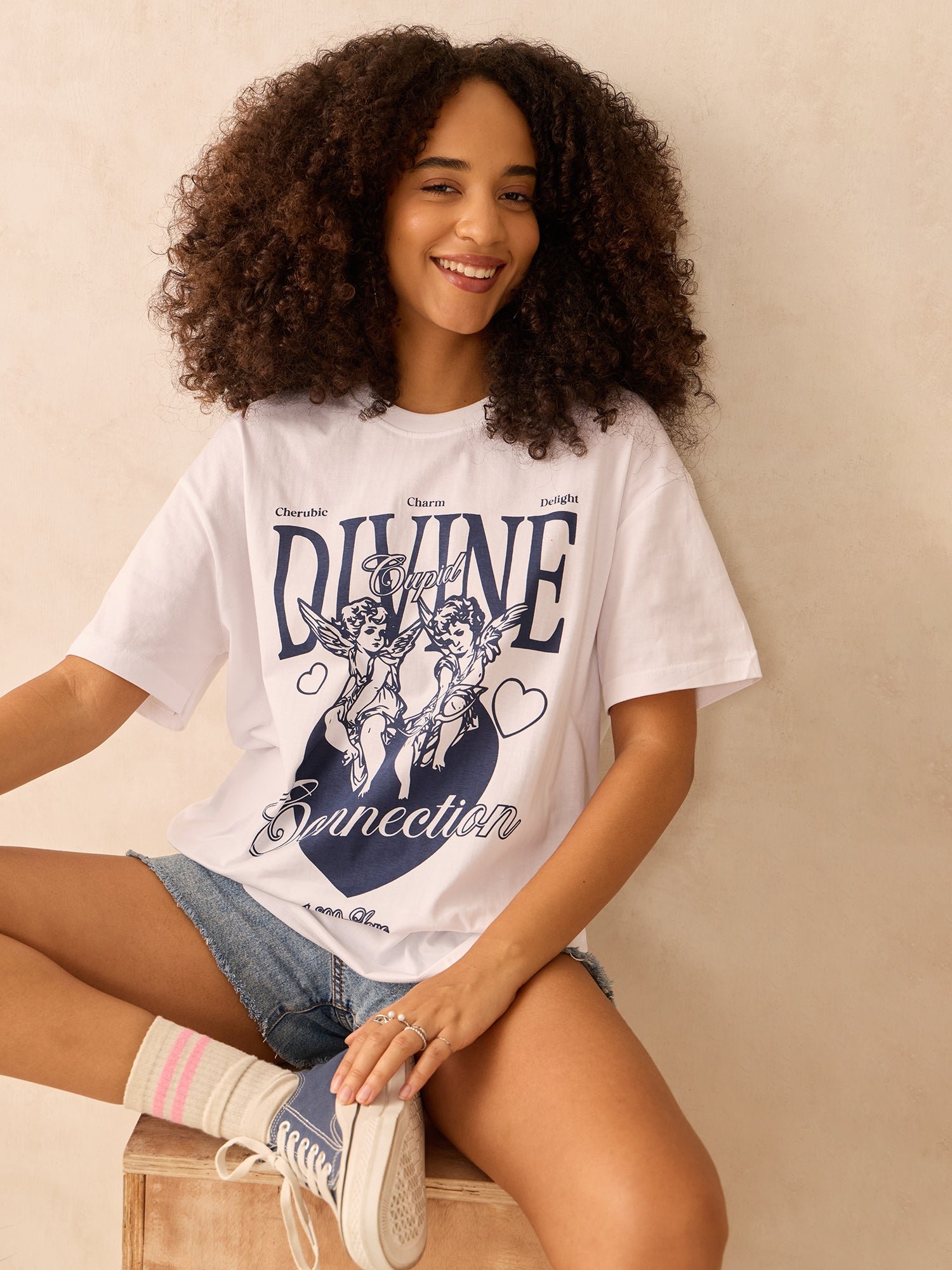 White Short Sleeve Graphic T-Shirt with Cherub Print