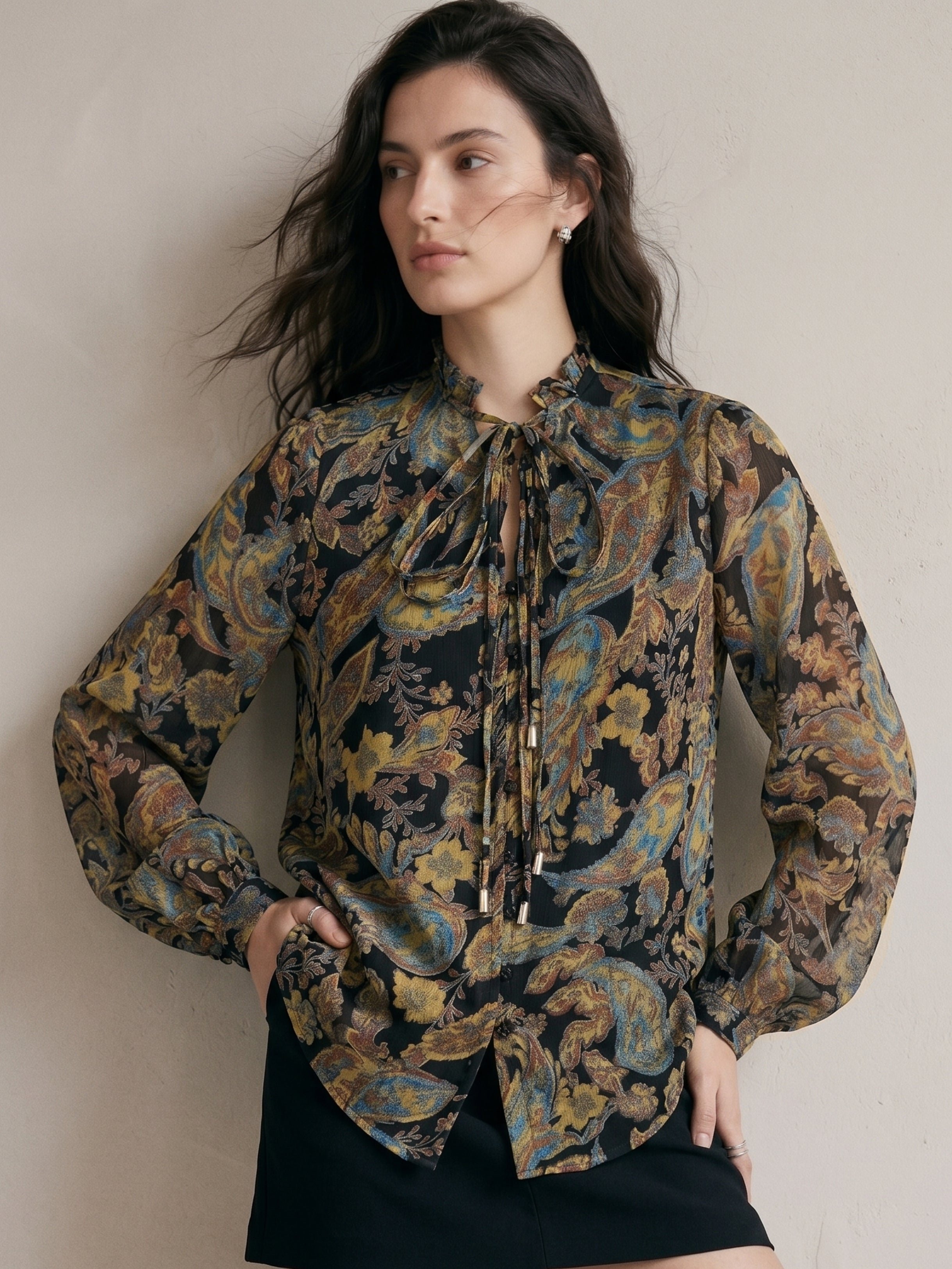 Green Paisley Print Long Sleeve Blouse