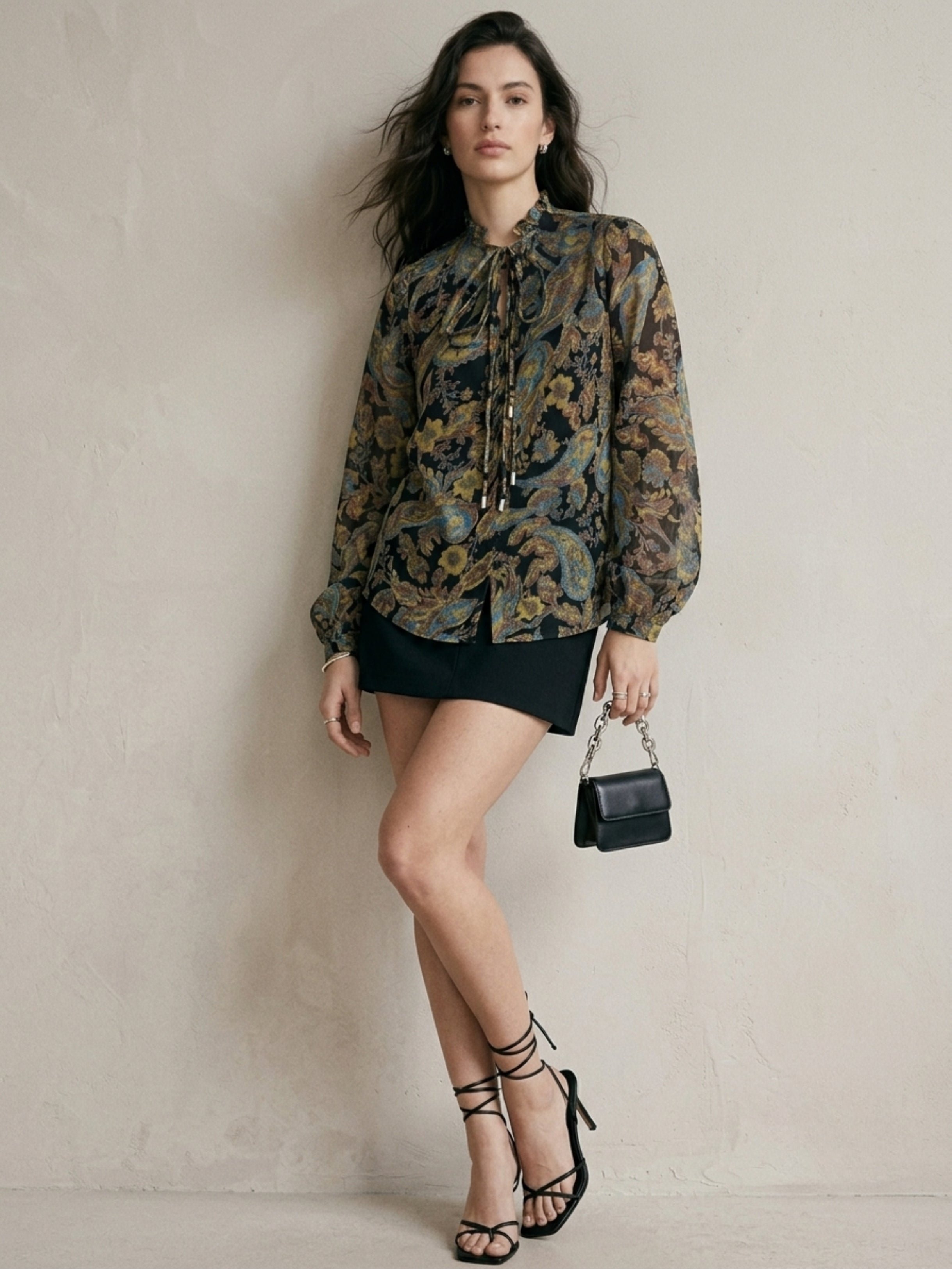 Green Paisley Print Long Sleeve Blouse