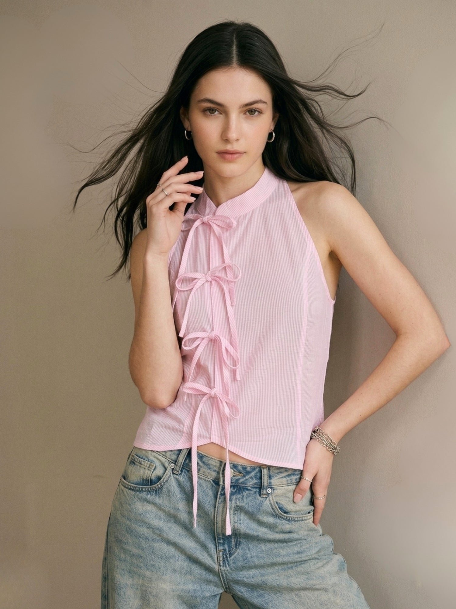 Pink Striped Sleeveless Tie-Detail Top