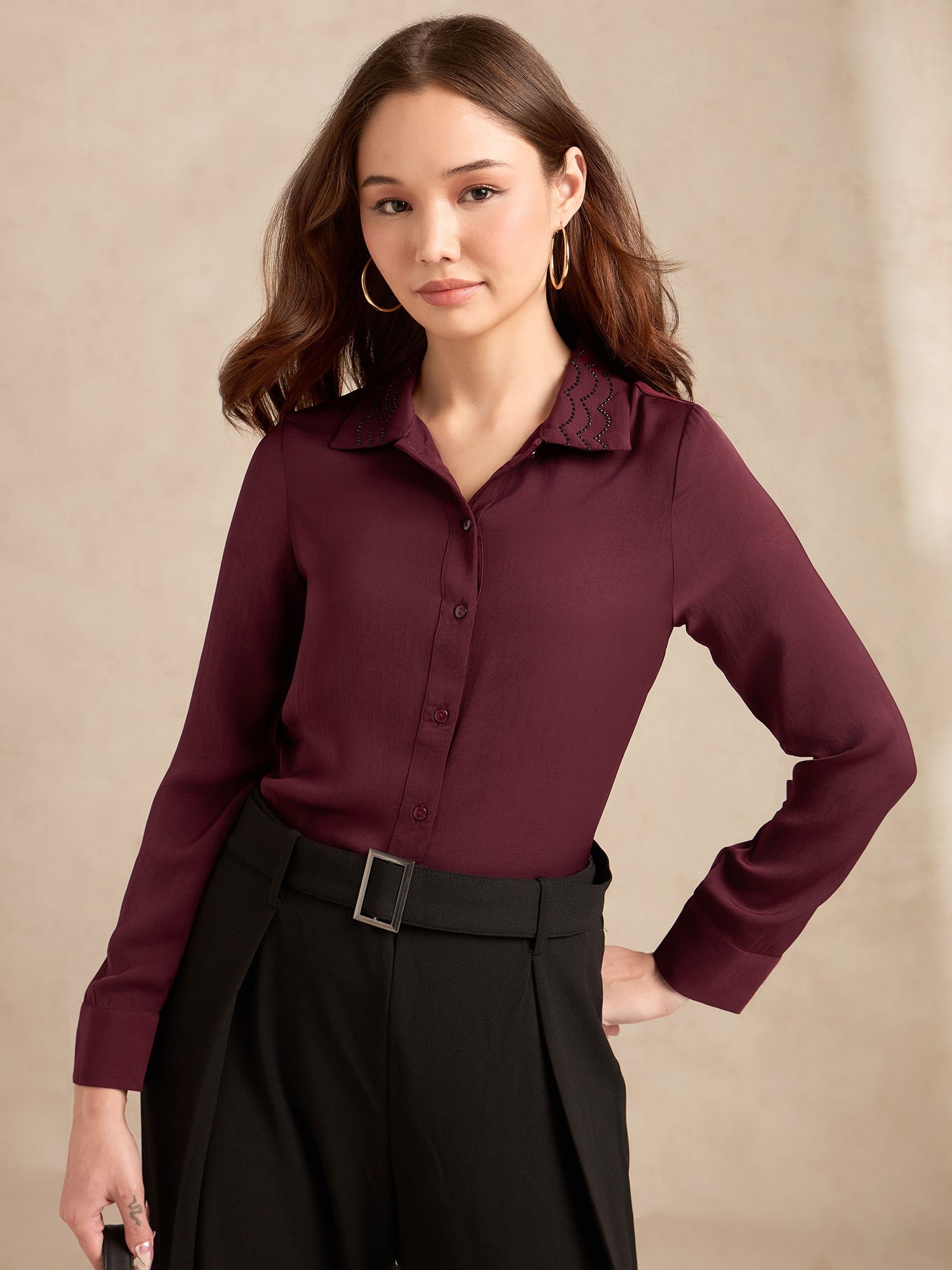 Burgundy Long Sleeve Satin Shirt with Embellished Collar