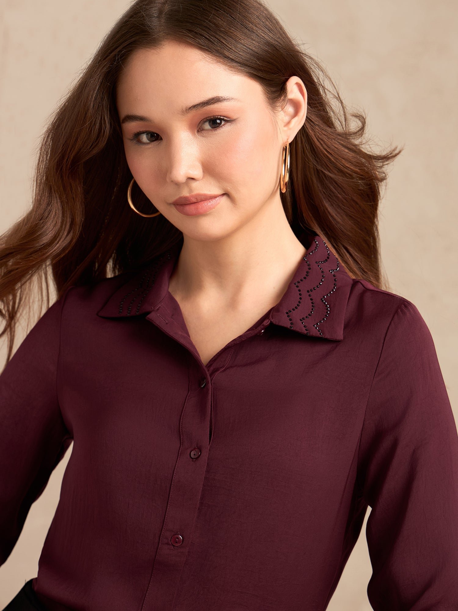 Burgundy Long Sleeve Satin Shirt with Embellished Collar