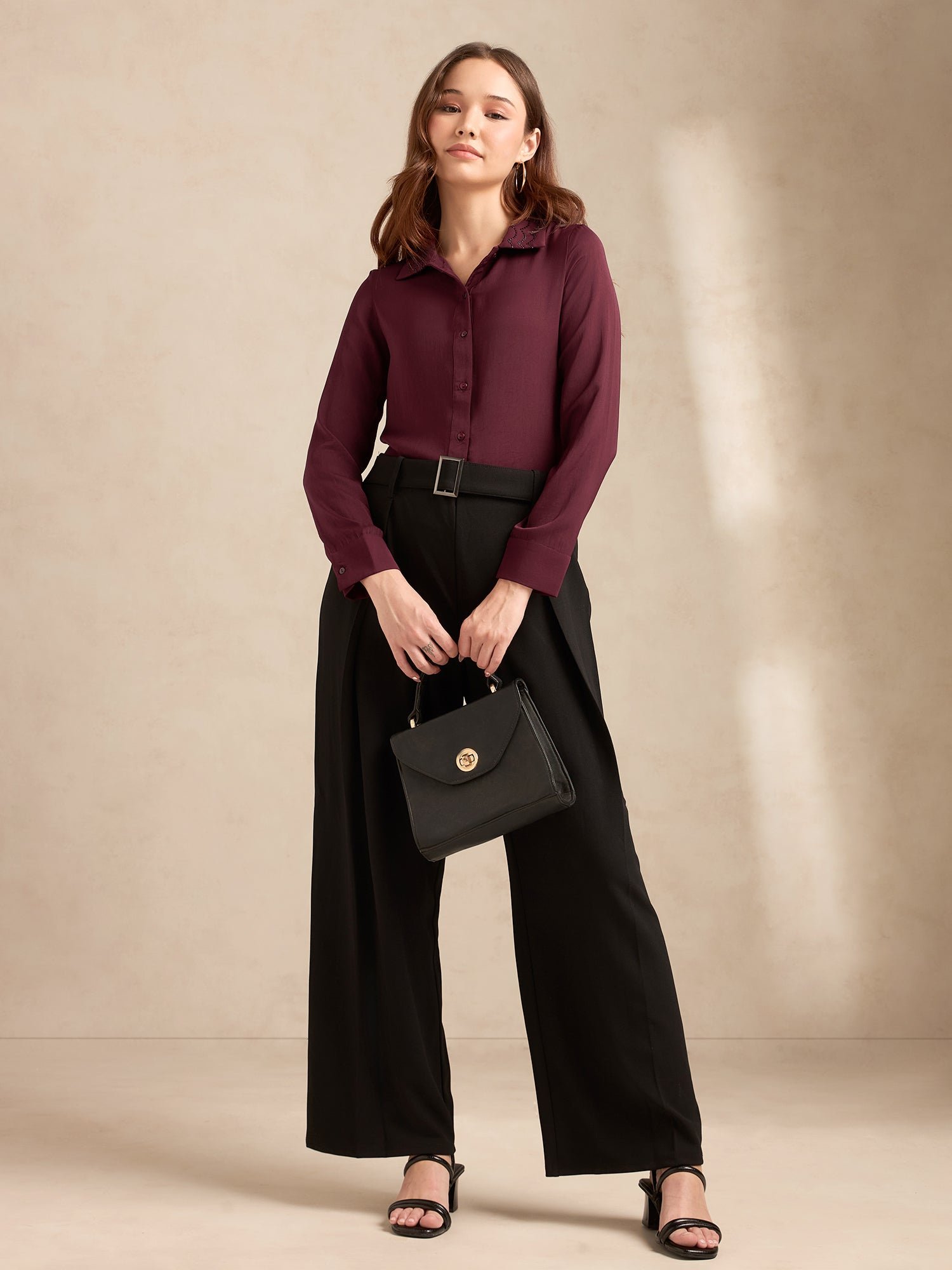 Burgundy Long Sleeve Satin Shirt with Embellished Collar