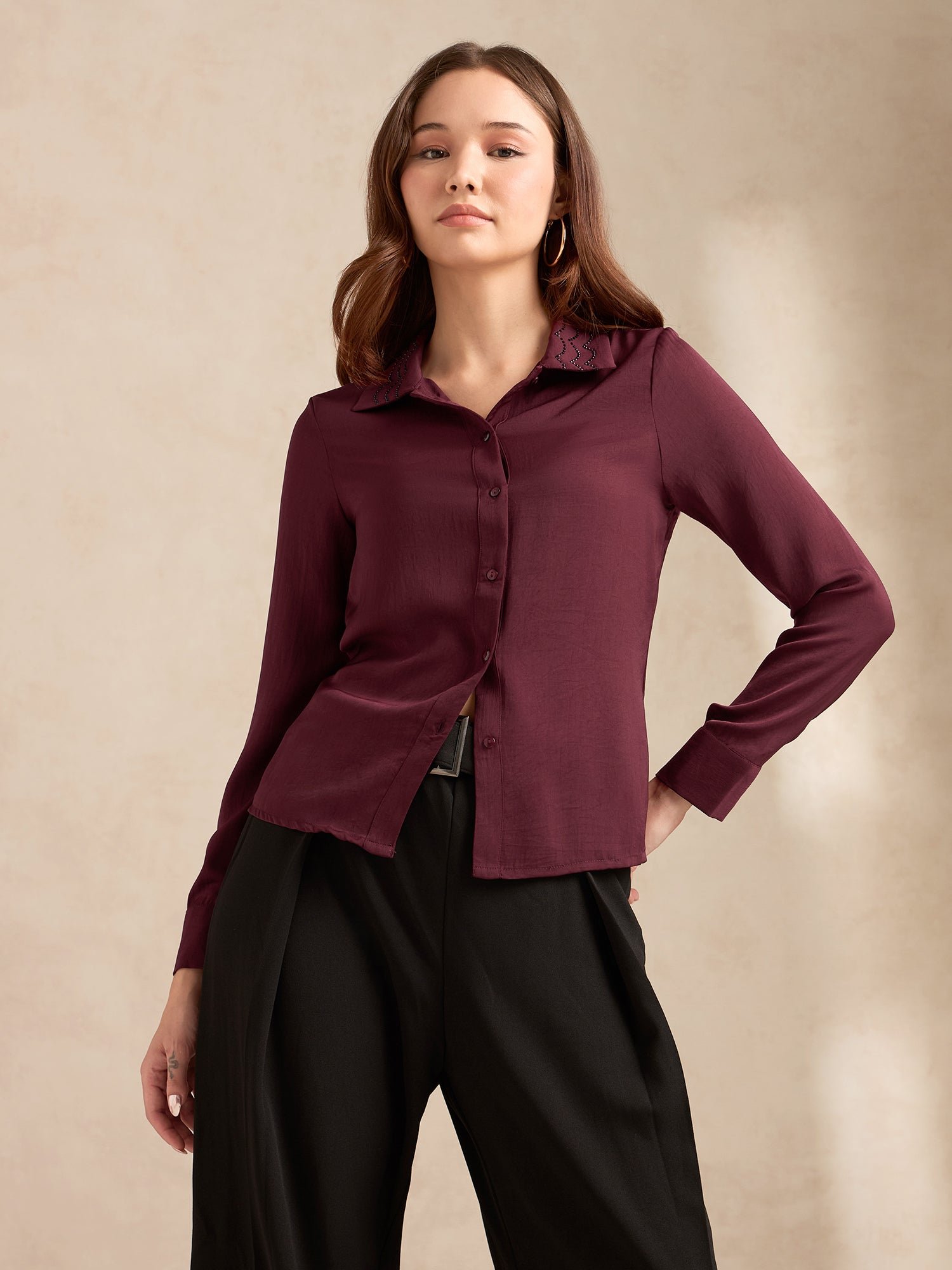 Burgundy Long Sleeve Satin Shirt with Embellished Collar
