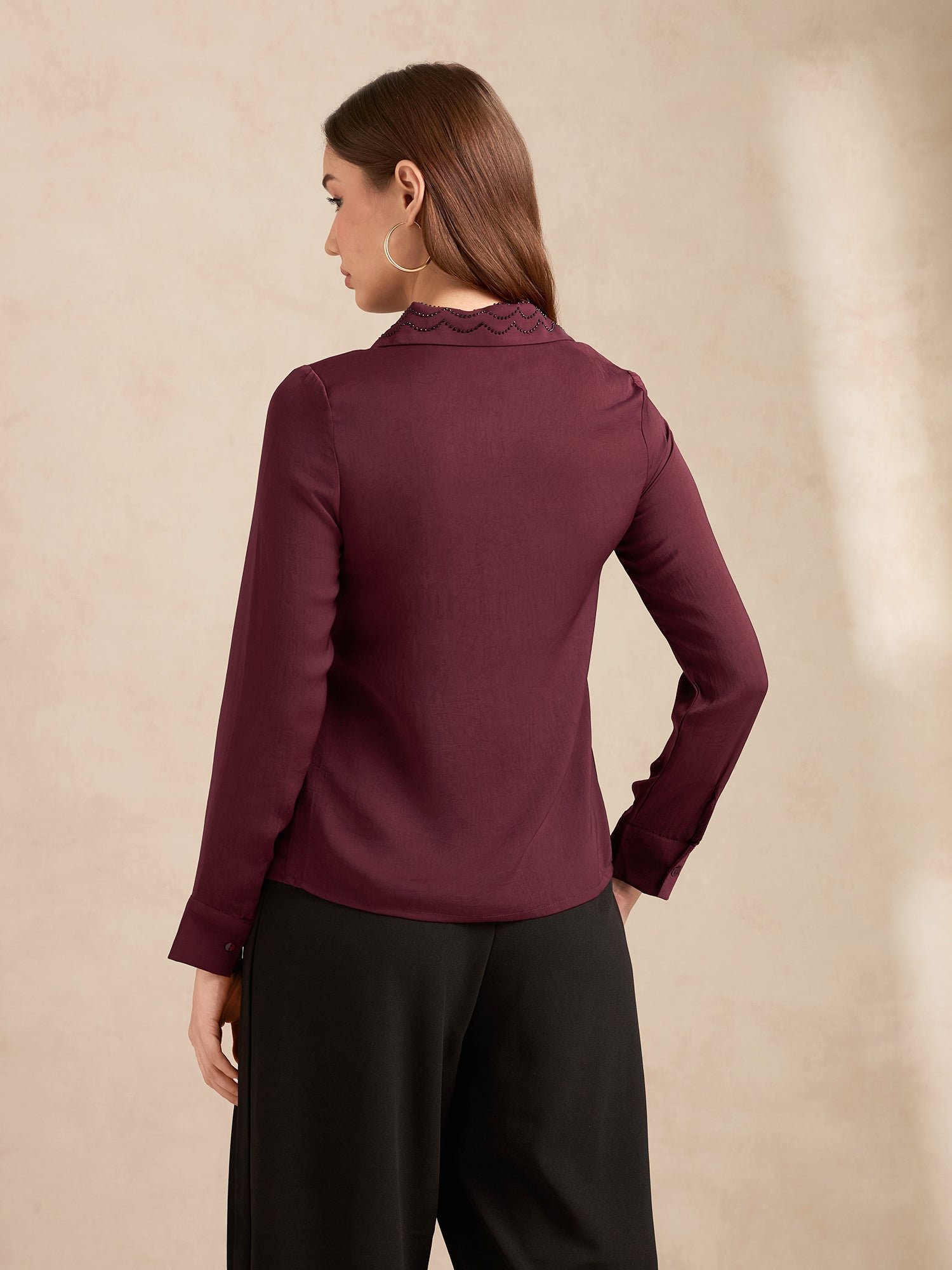 Burgundy Long Sleeve Satin Shirt with Embellished Collar