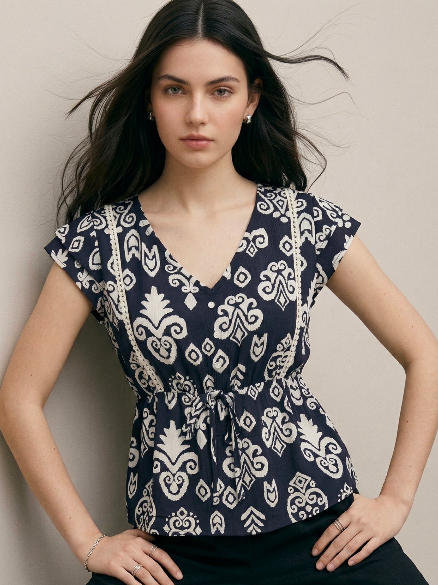 Navy Blue Ikat Print Short Sleeve Top