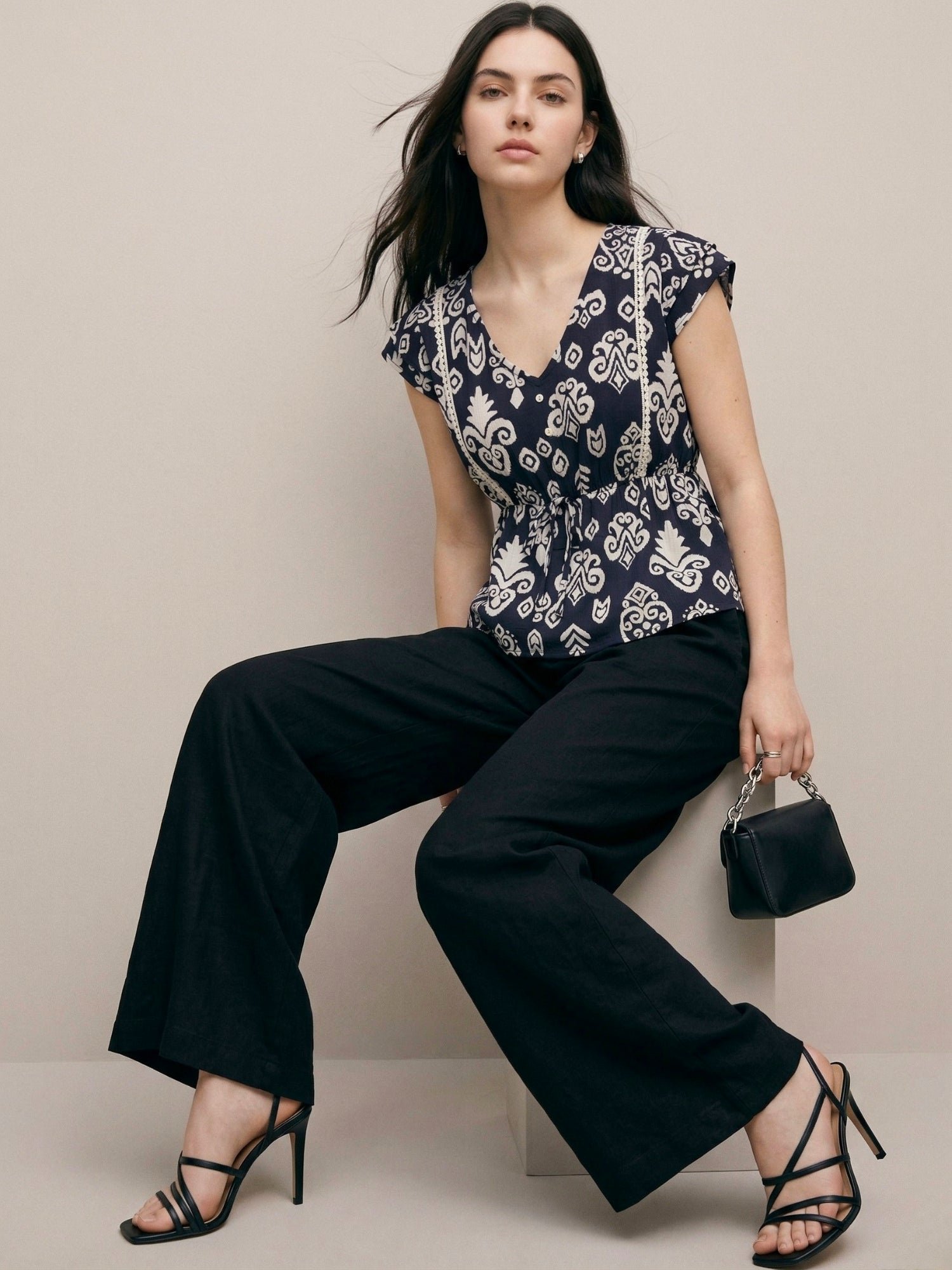 Navy Blue Ikat Print Short Sleeve Top