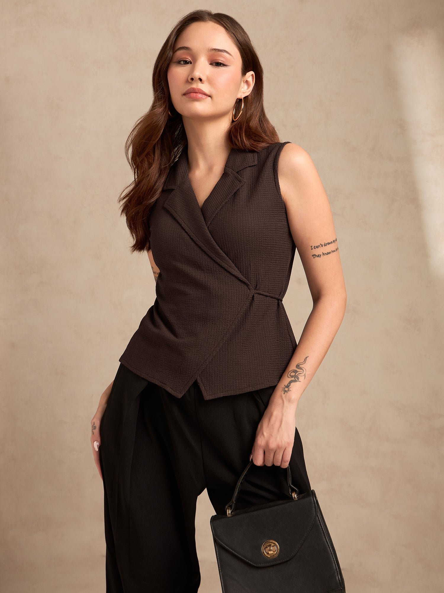 Brown Sleeveless Knit Wrap Top