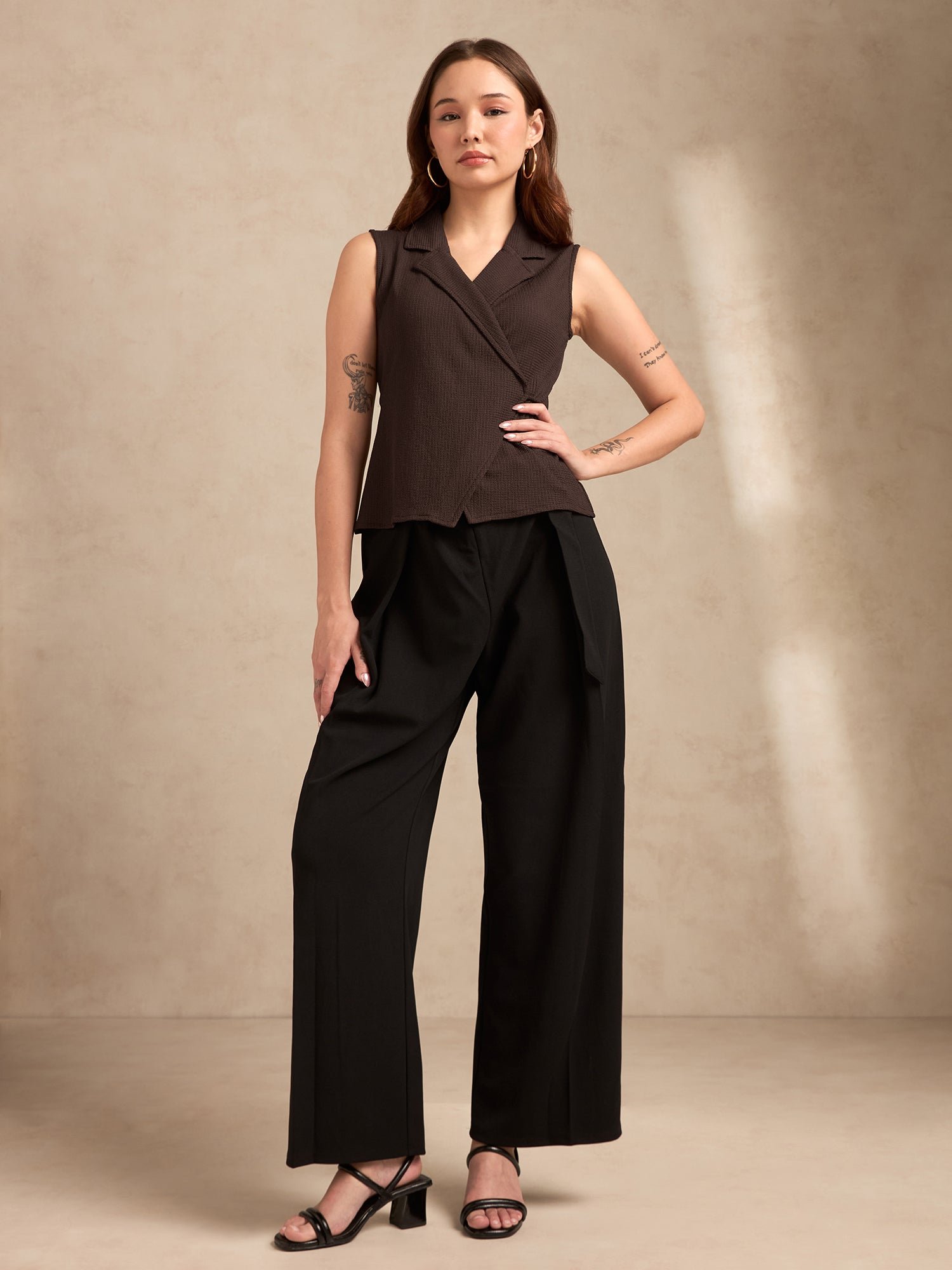 Brown Sleeveless Knit Wrap Top