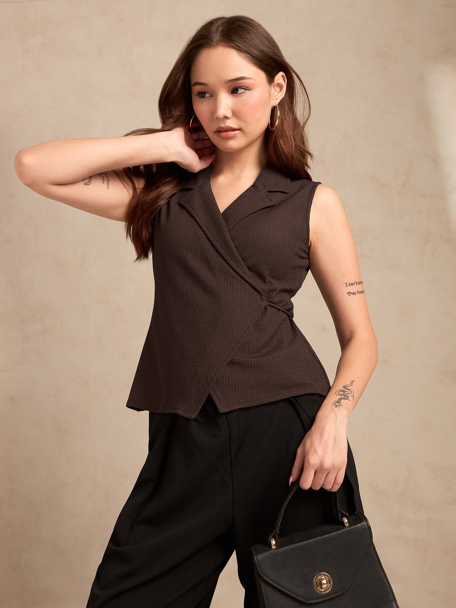 Brown Sleeveless Knit Wrap Top