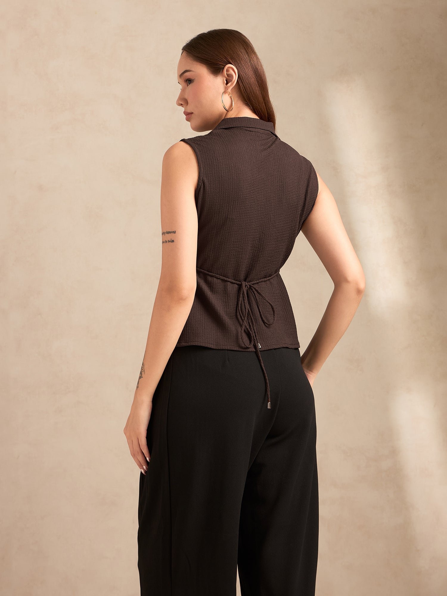 Brown Sleeveless Knit Wrap Top