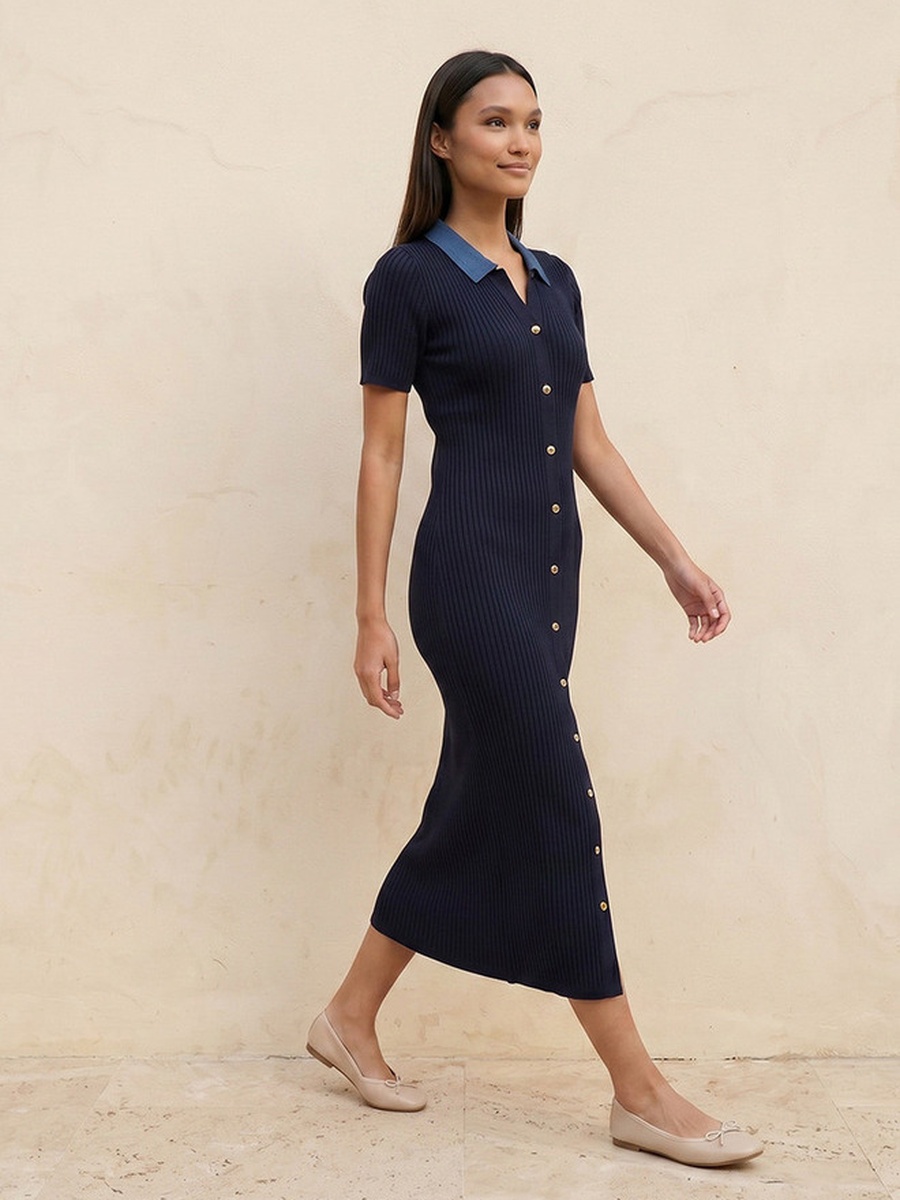 Ribbed Bodycon Dress with Collar