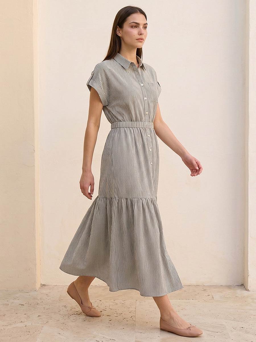Striped Cotton Shirt Dress with Tie-Up Belt
