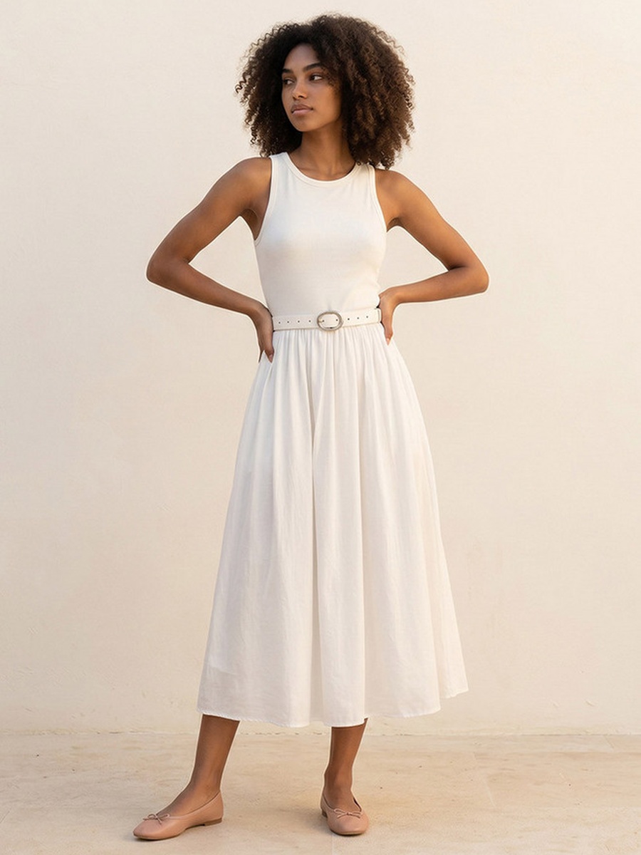 A-Line Midi Dress Pin with Buckle Belt