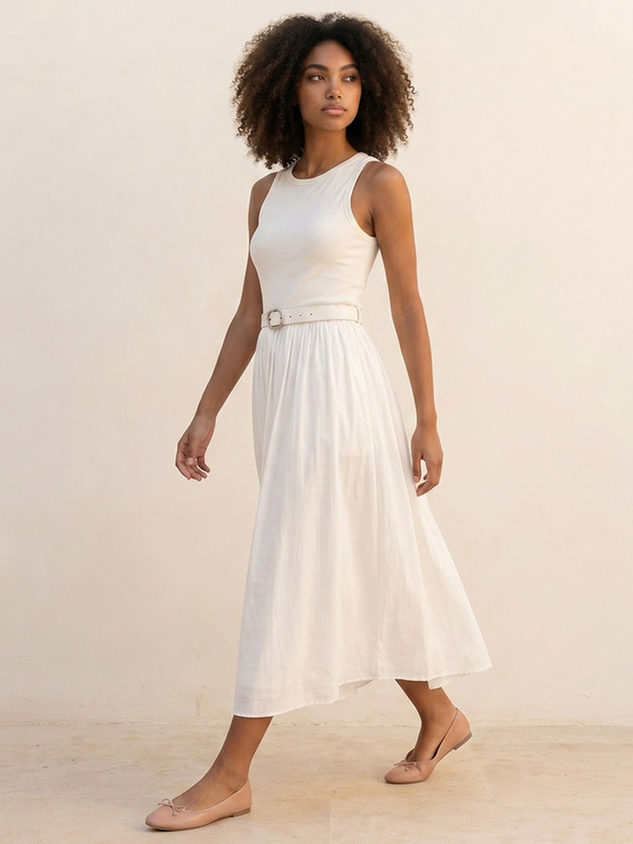 A-Line Midi Dress Pin with Buckle Belt