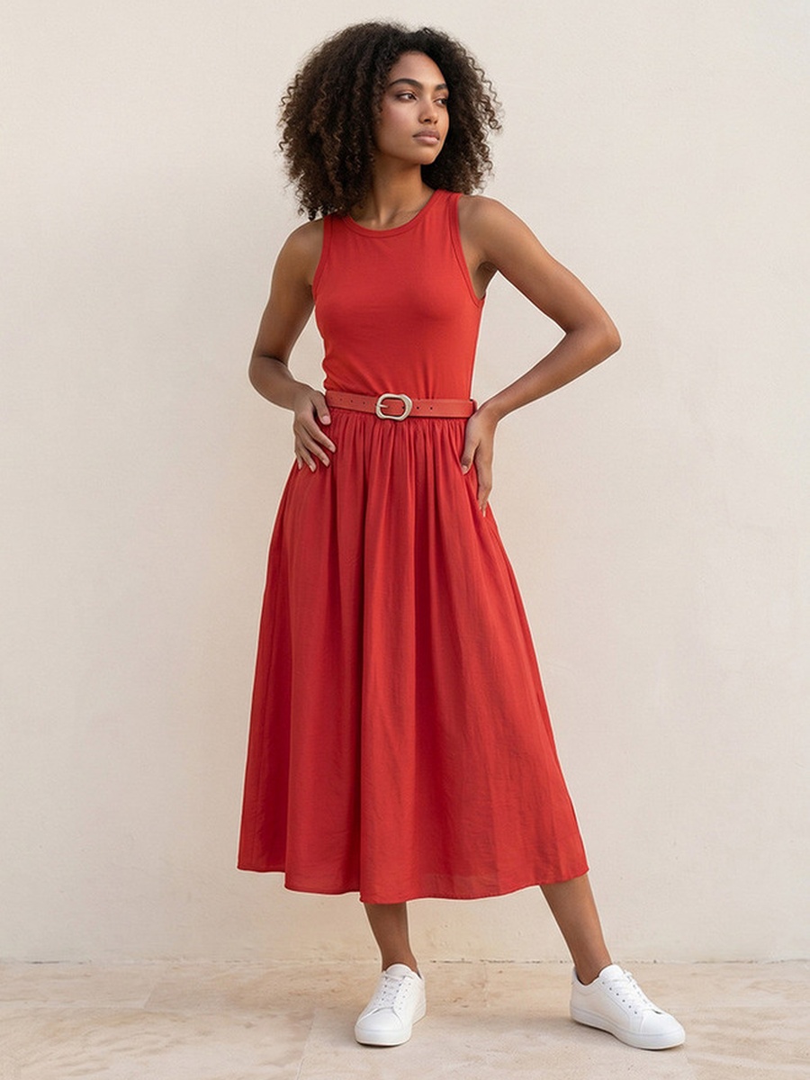 A-Line Midi Dress Pin with Buckle Belt