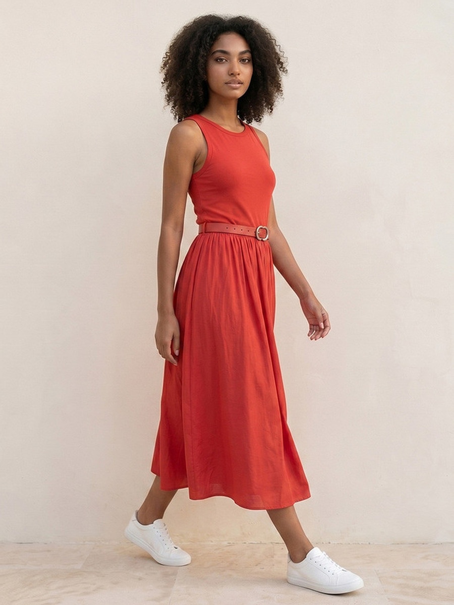 A-Line Midi Dress Pin with Buckle Belt