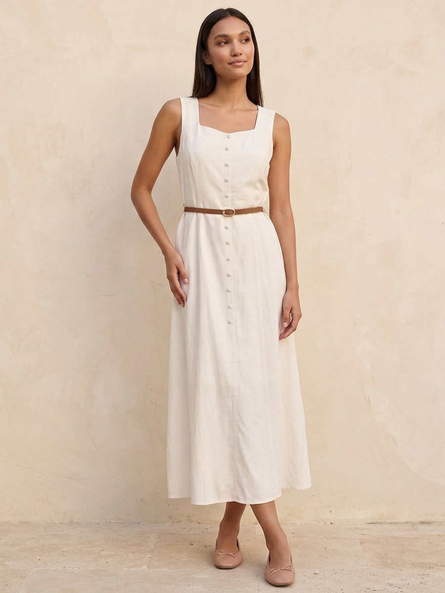 A-Line Midi Length Dress with Button Detail